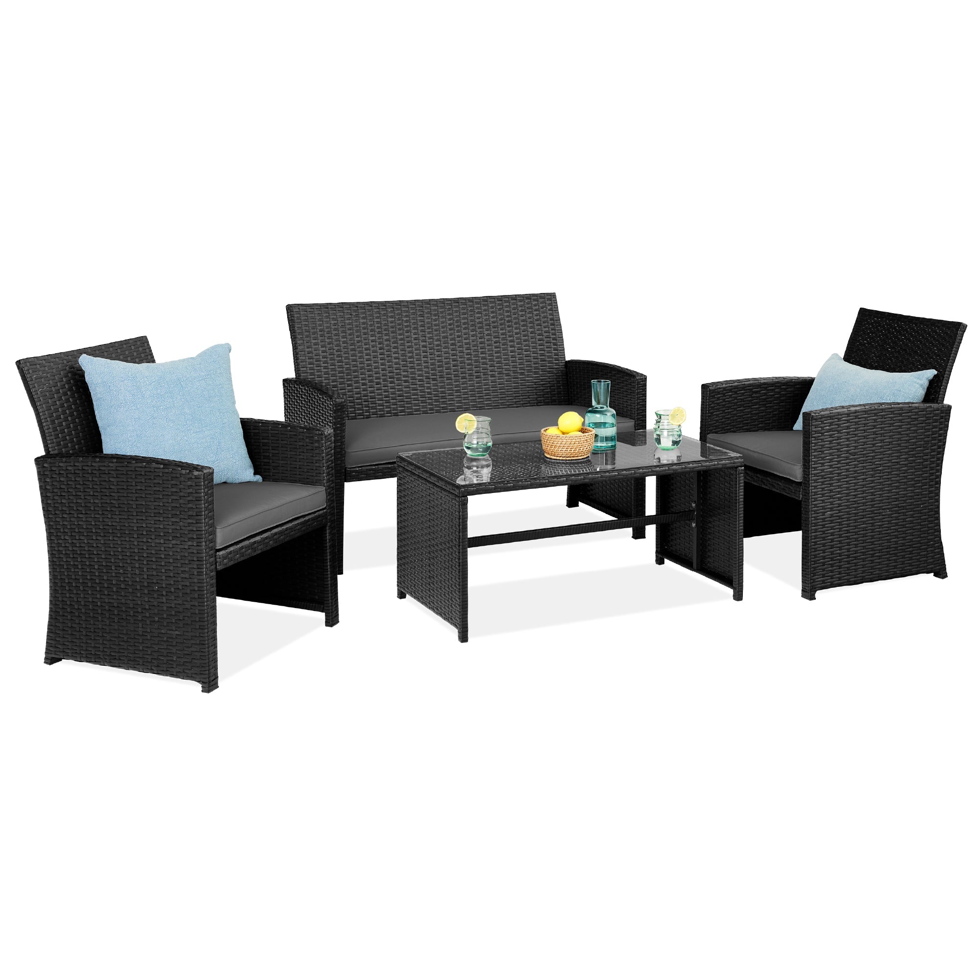 4-Piece Outdoor Wicker Conversation Patio Set w/ 4 Seats, Glass Table Top - Black/Gray