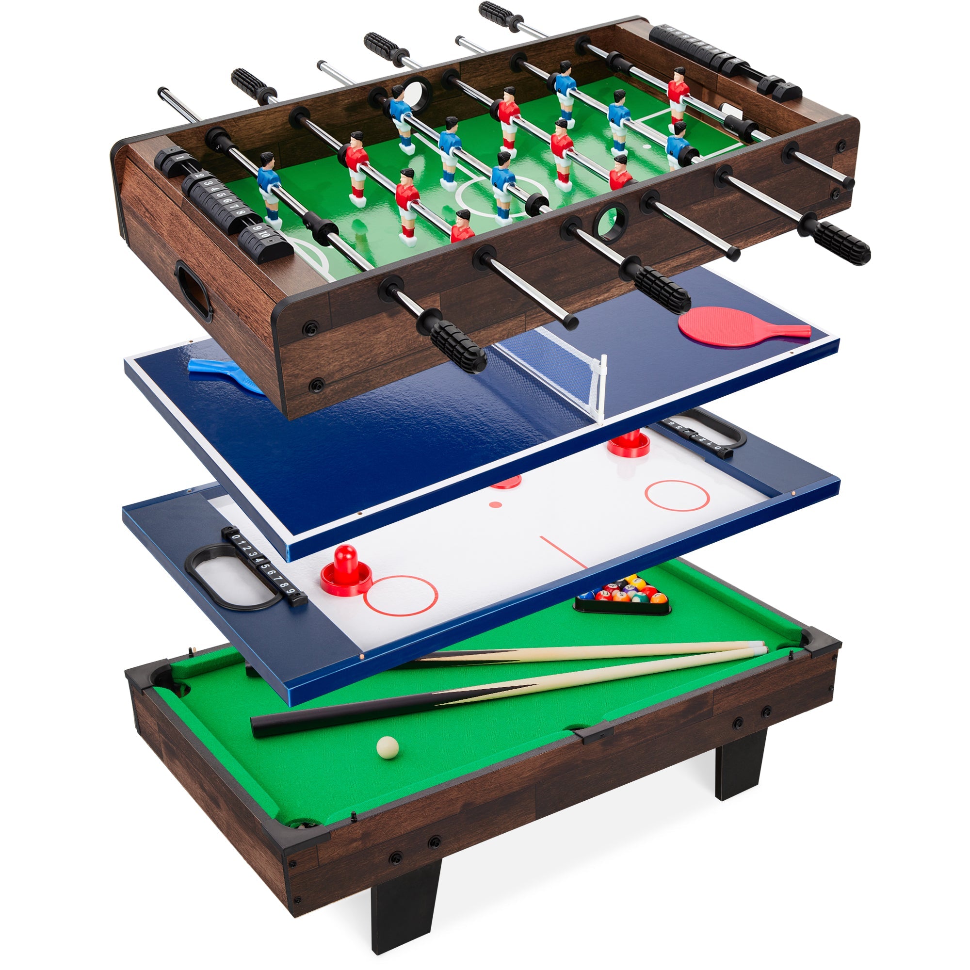 4-in-1 Multi Game Table Set w/ Air Hockey, Table Tennis, Billiards, Foosball - Dark Wood