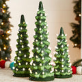 Set of 3 Pre-Lit Ceramic Tabletop Christmas Trees - Green w/ Warm White Lights