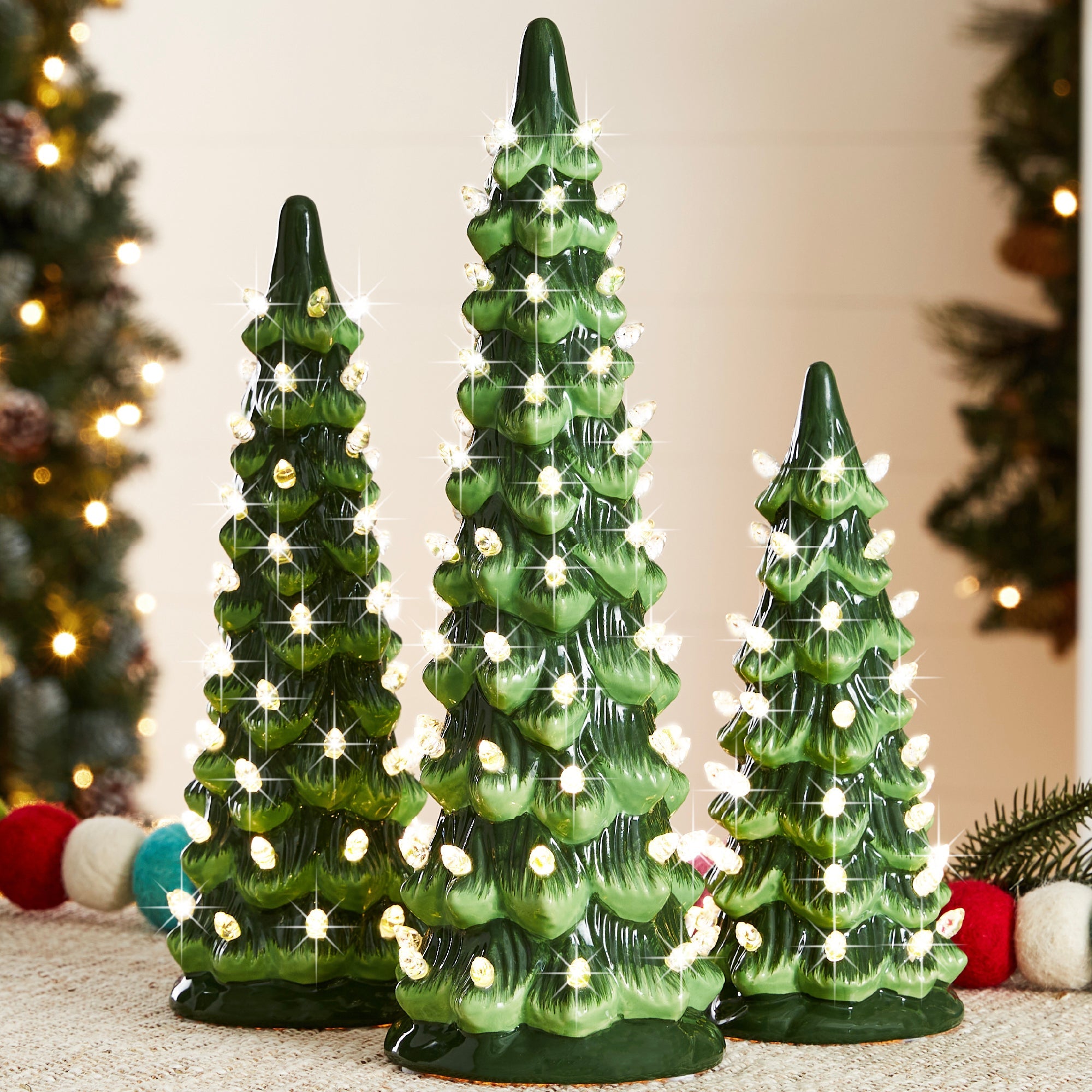 Set of 3 Pre-Lit Ceramic Tabletop Christmas Trees - Green w/ Warm White Lights