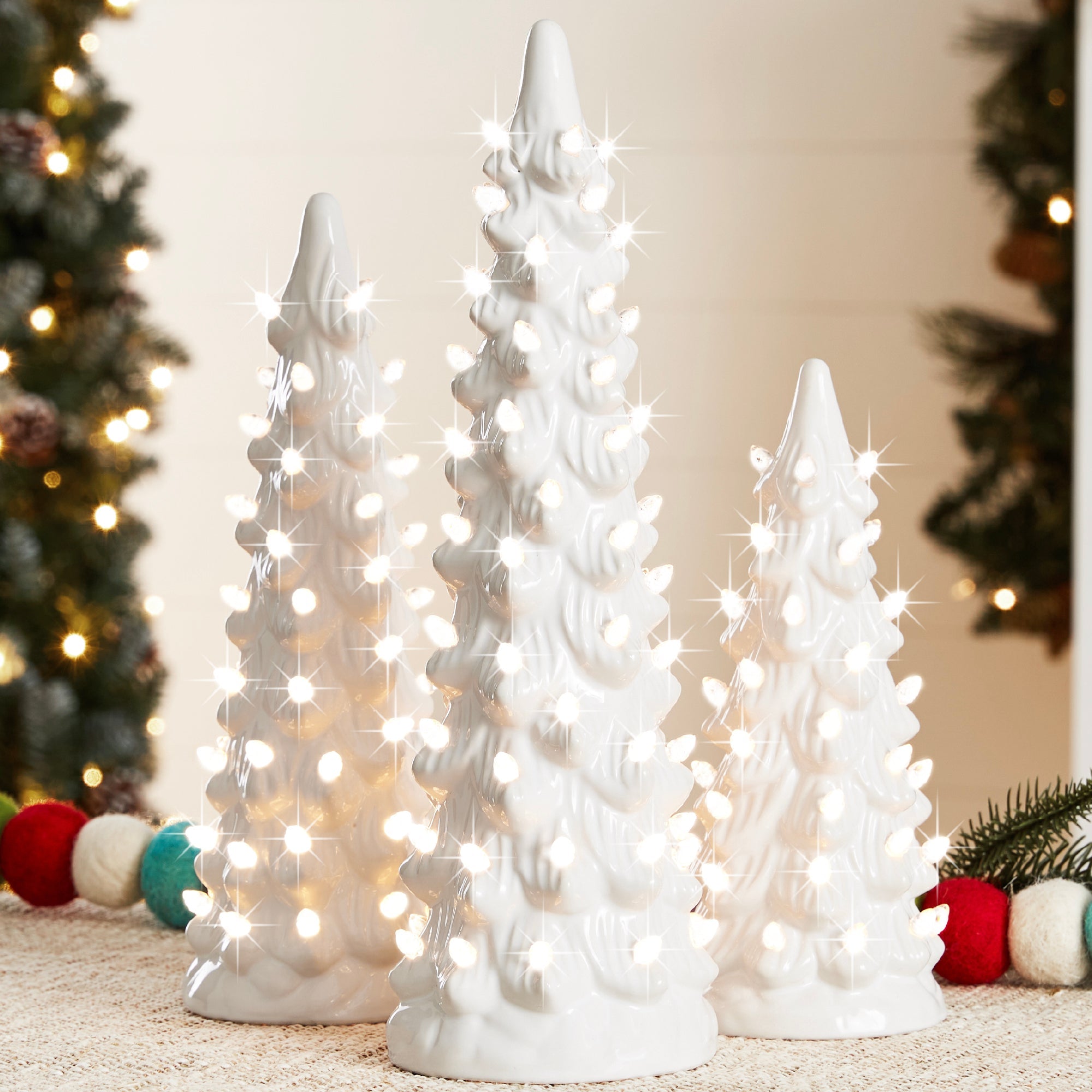 Set of 3 Pre-Lit Ceramic Tabletop Christmas Trees - White w/ Warm White Lights