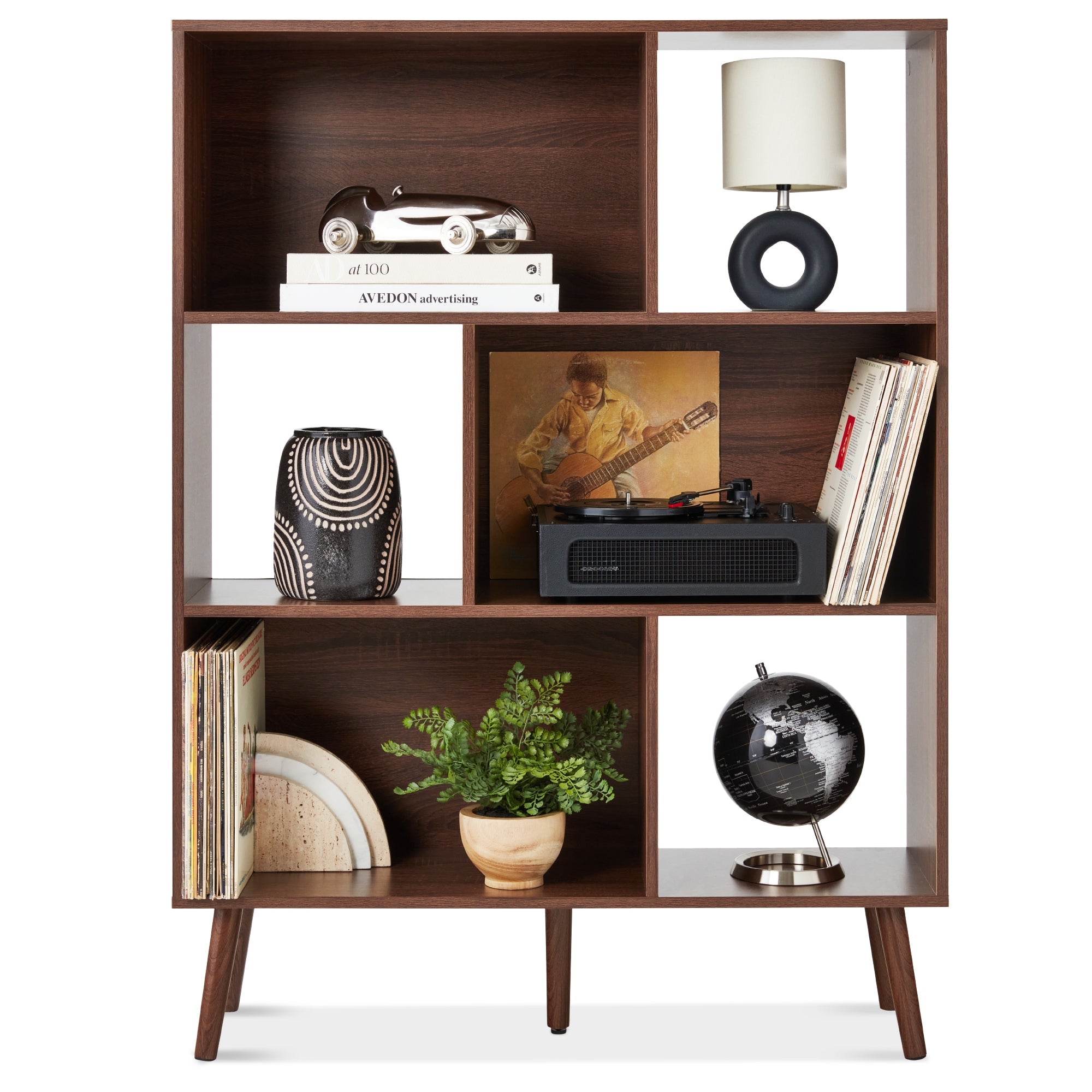 3-Tier Mid-Century Modern Wooden Bookcase w/ 3 Back Panels, Offset Legs - Walnut