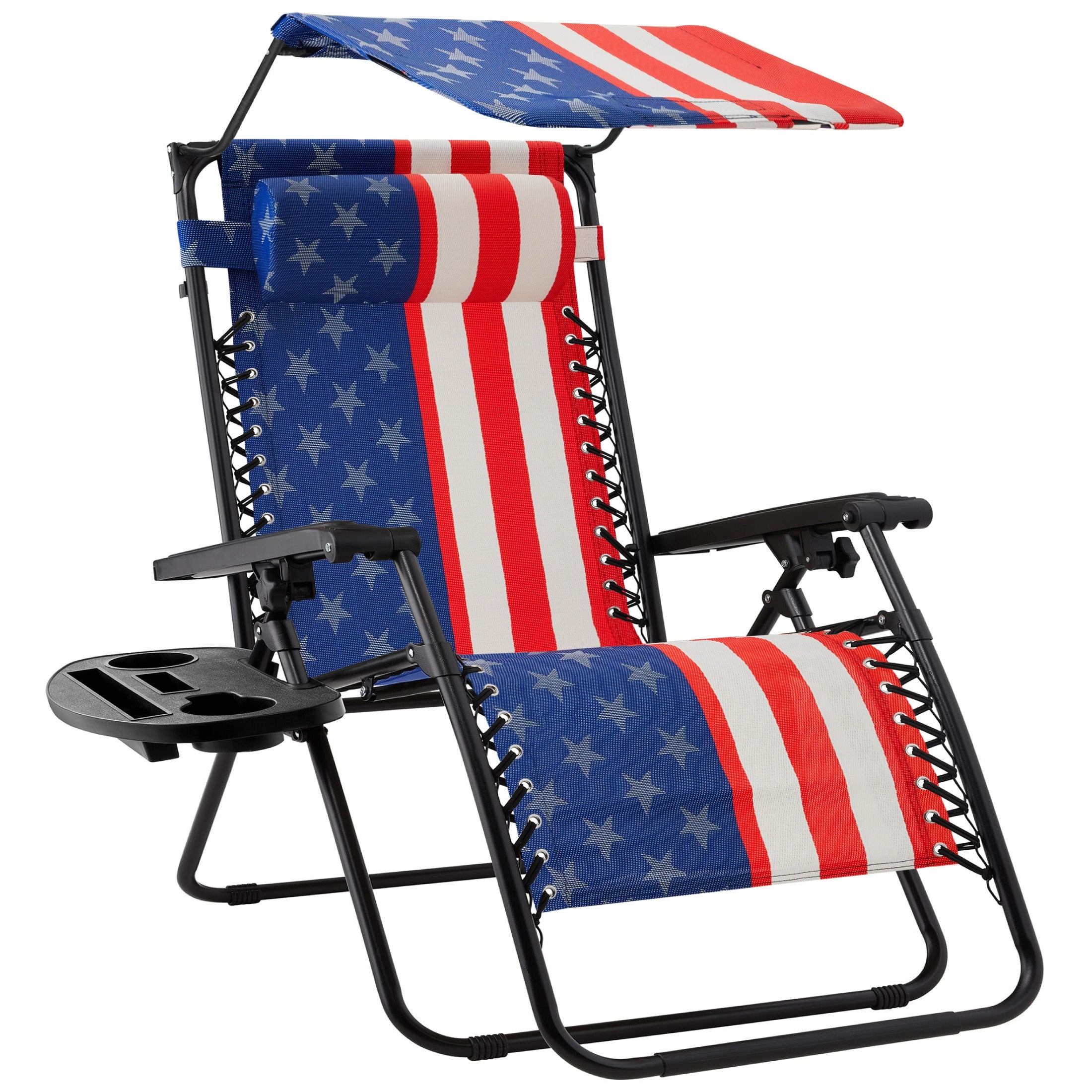 Folding Zero Gravity Recliner Patio Lounge Chair w/ Canopy, Side Tray - American Flag