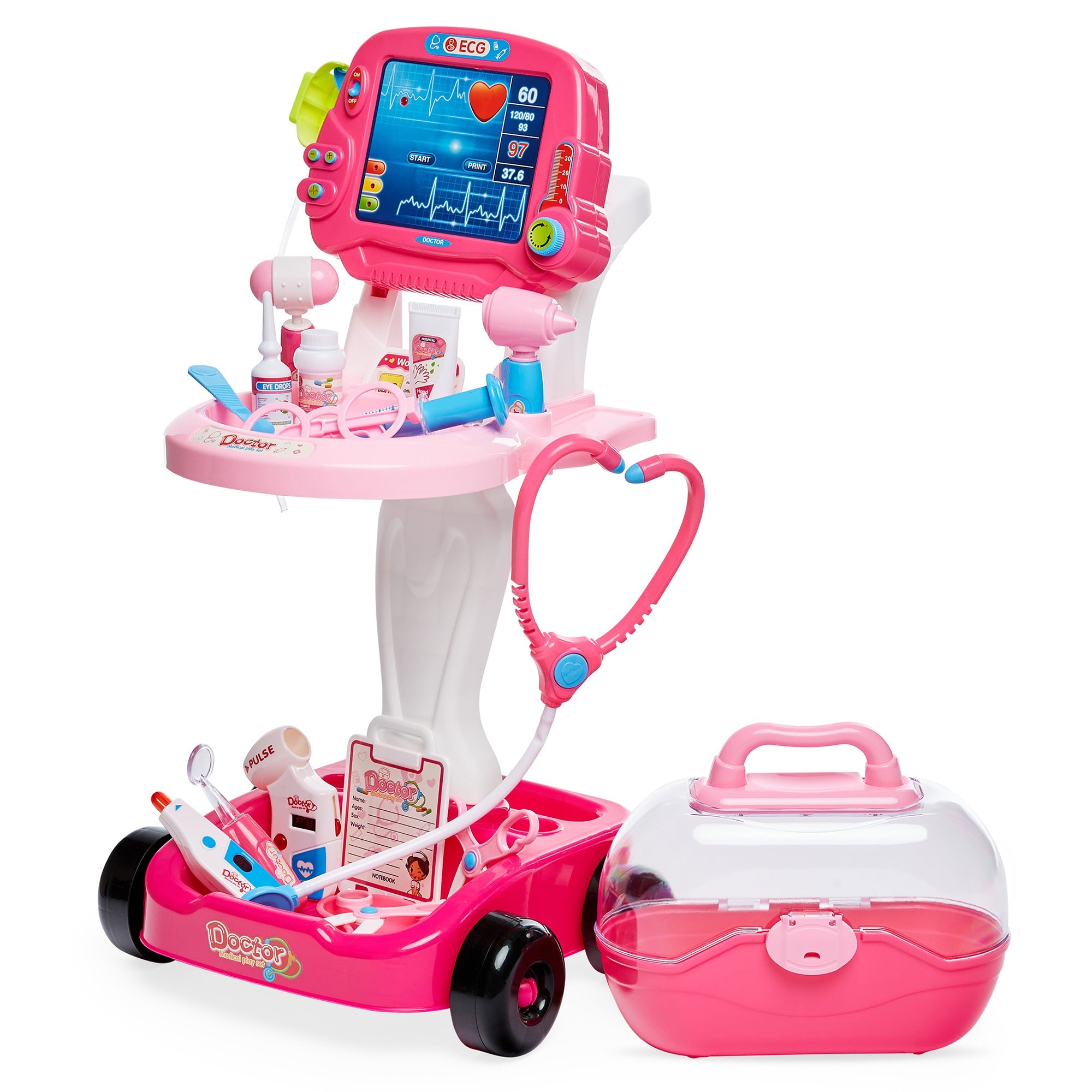 Play Doctor Kit for Kids, Boys & Girls with 17 Accessories, Mobile Cart - Pink