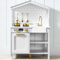 Pretend Play Wooden Farmhouse Kitchen Set w/ Storage, 5 Accessories - Beveled White