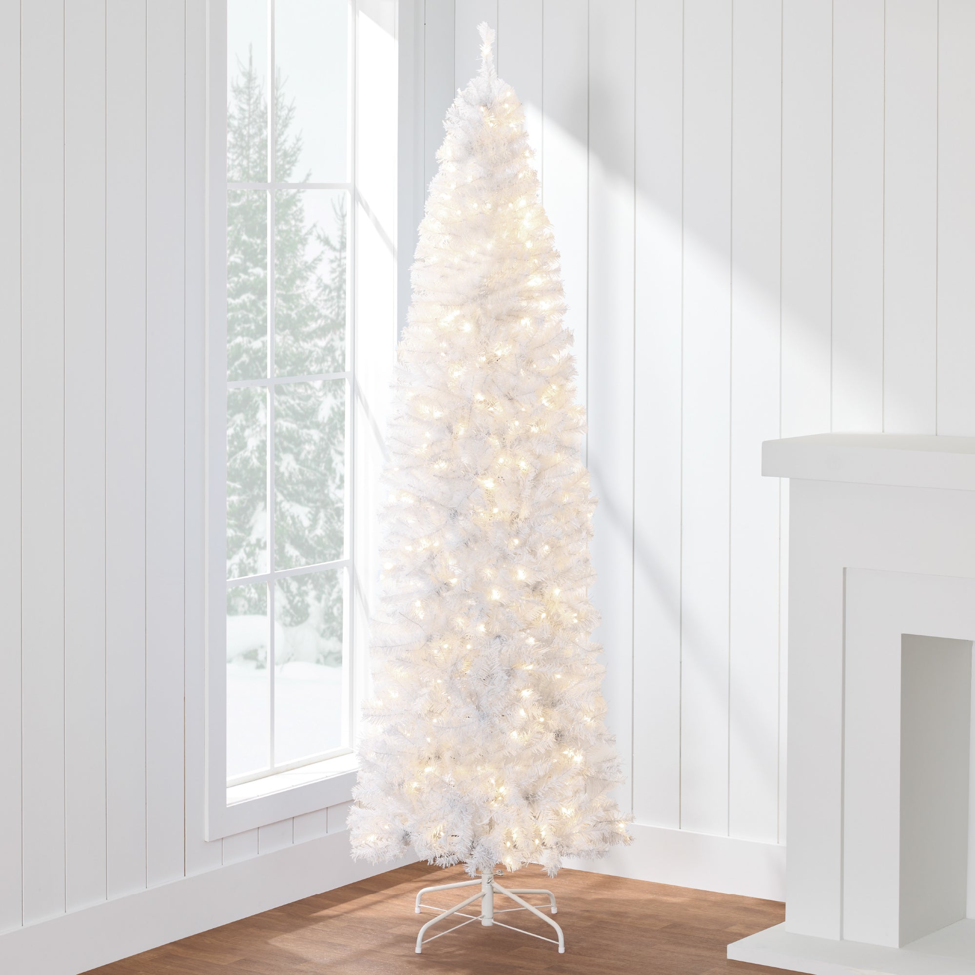 Pre-Lit White Pencil Christmas Tree w/ Metal Base, Incandescent Lights - 9ft