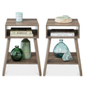 Set of 2 Mid-Century Modern End Tables w/ Cubby, Shelf - Gray Oak