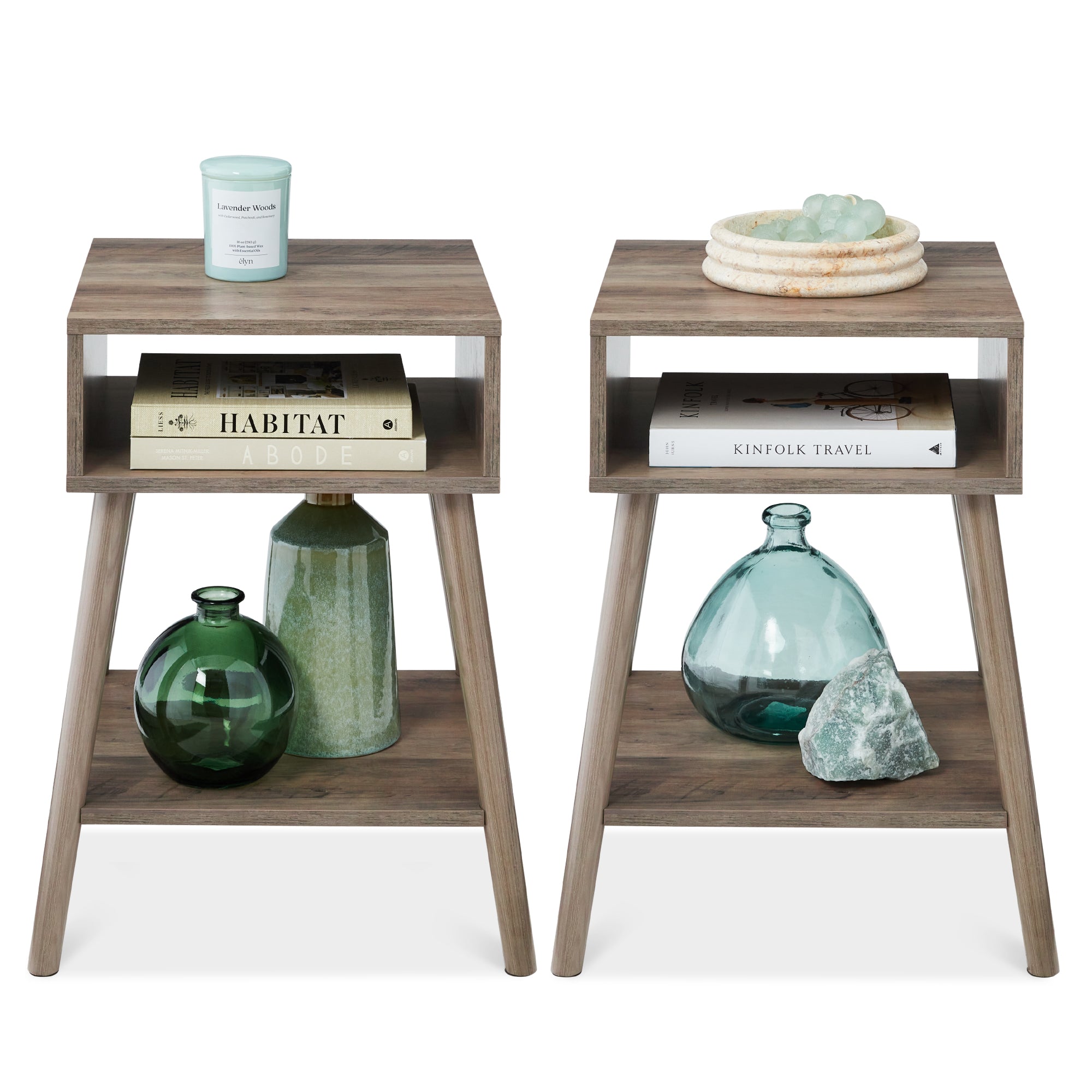 Set of 2 Mid-Century Modern End Tables w/ Cubby, Shelf - Gray Oak