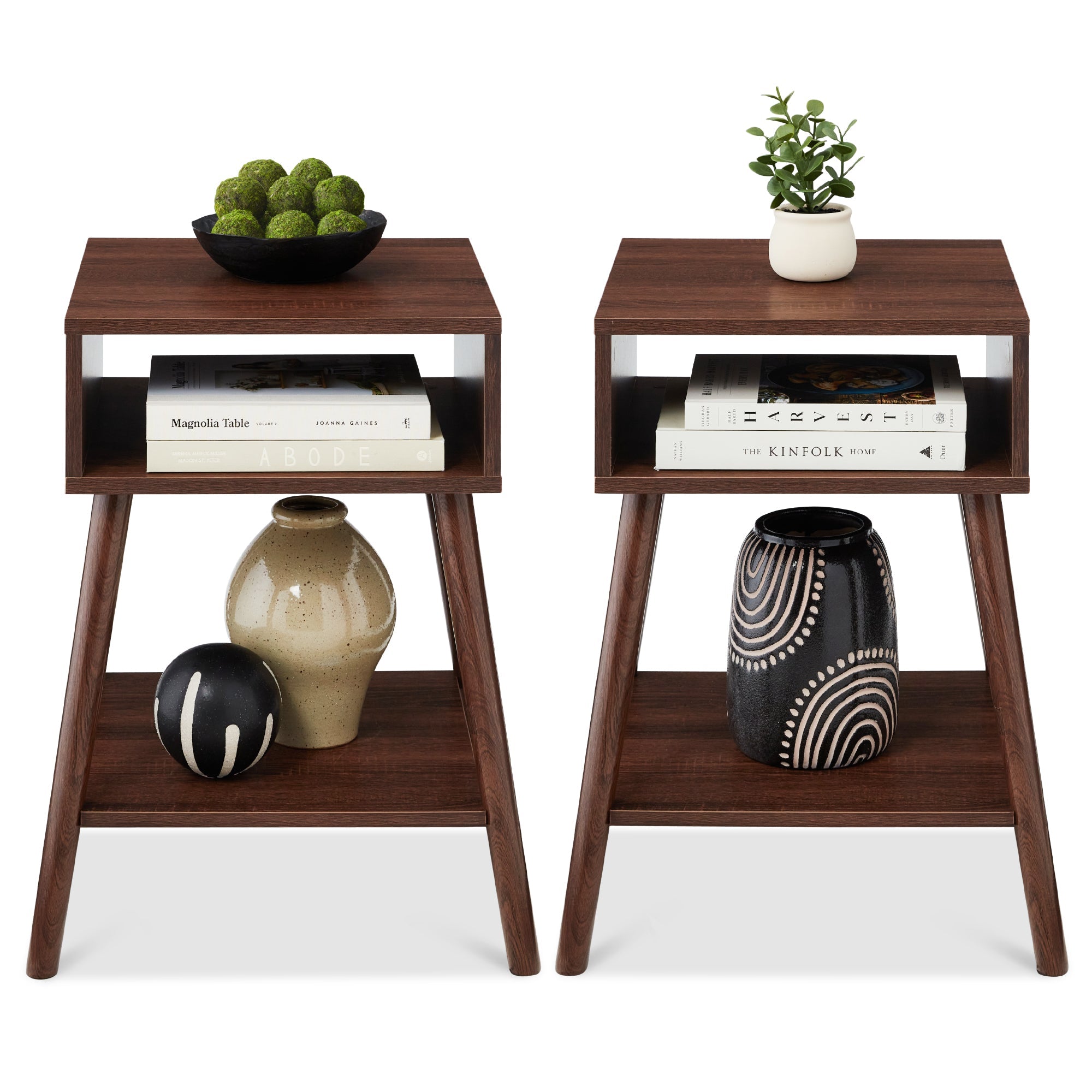 Set of 2 Mid-Century Modern End Tables w/ Cubby, Shelf - Walnut