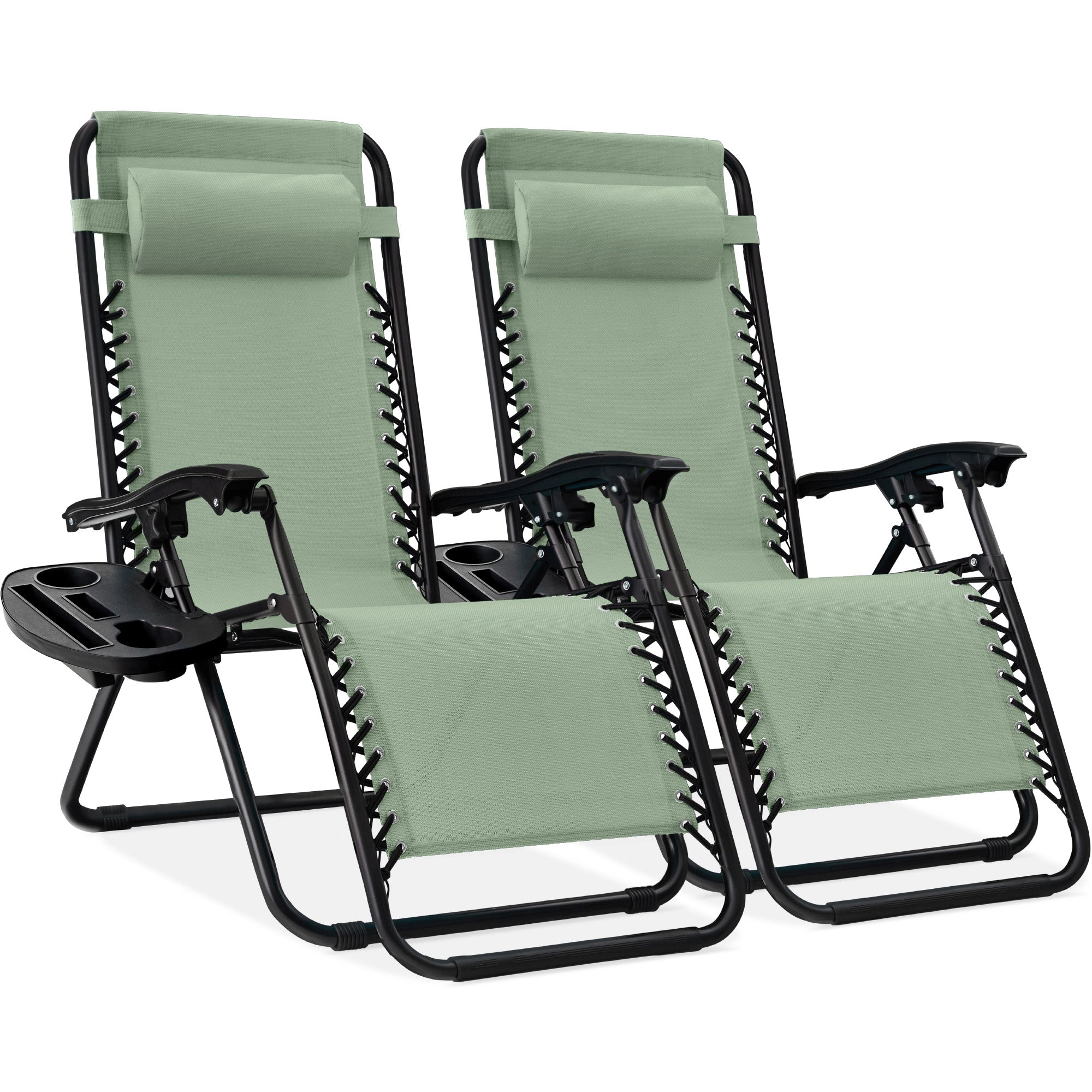 Set of 2 Adjustable Zero Gravity Patio Chair Recliners w/ Cup Holders - Sage Green