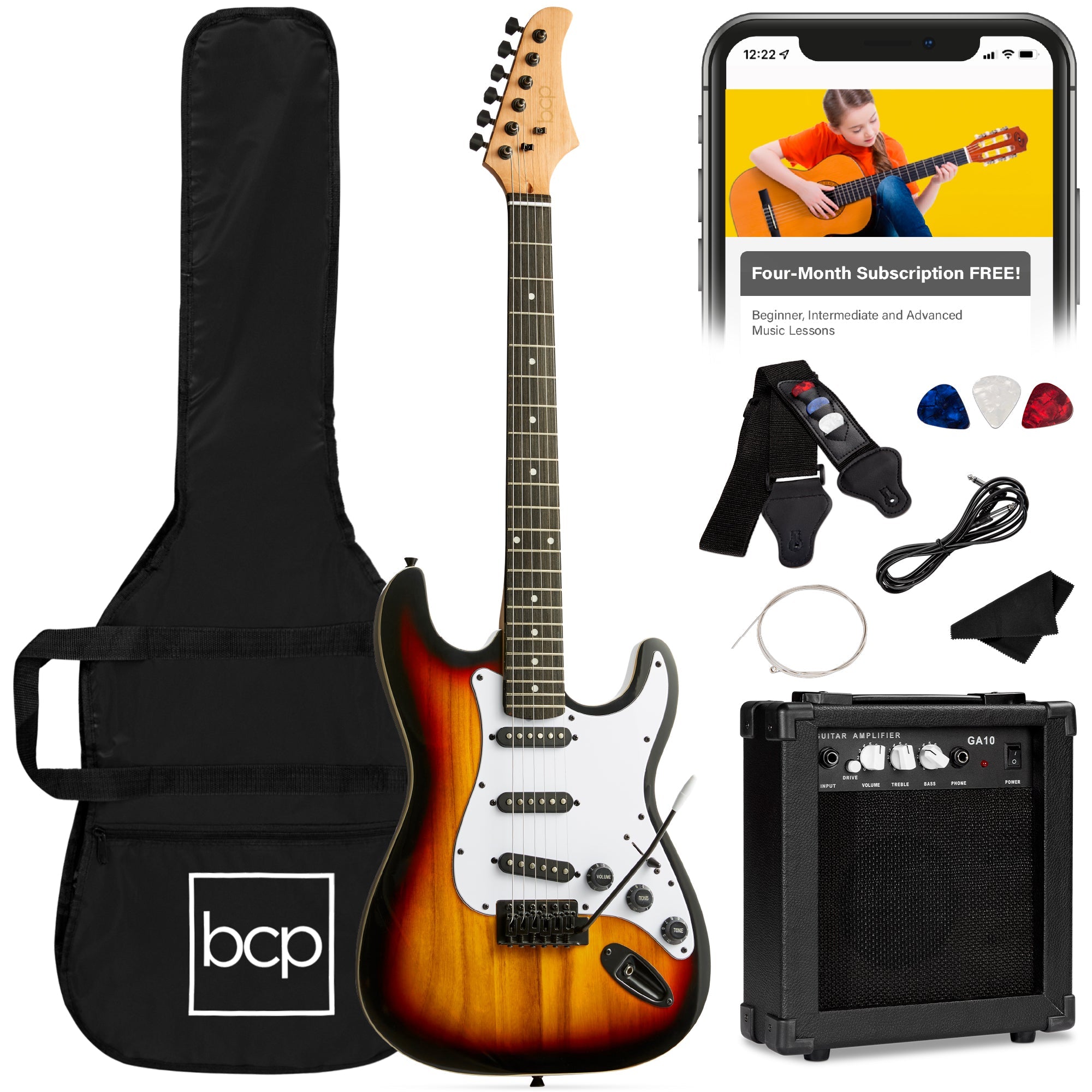 Beginner Electric Guitar Kit w/ Case, 10W Amp, Tremolo Bar - 39in - 3 Color Sunburst