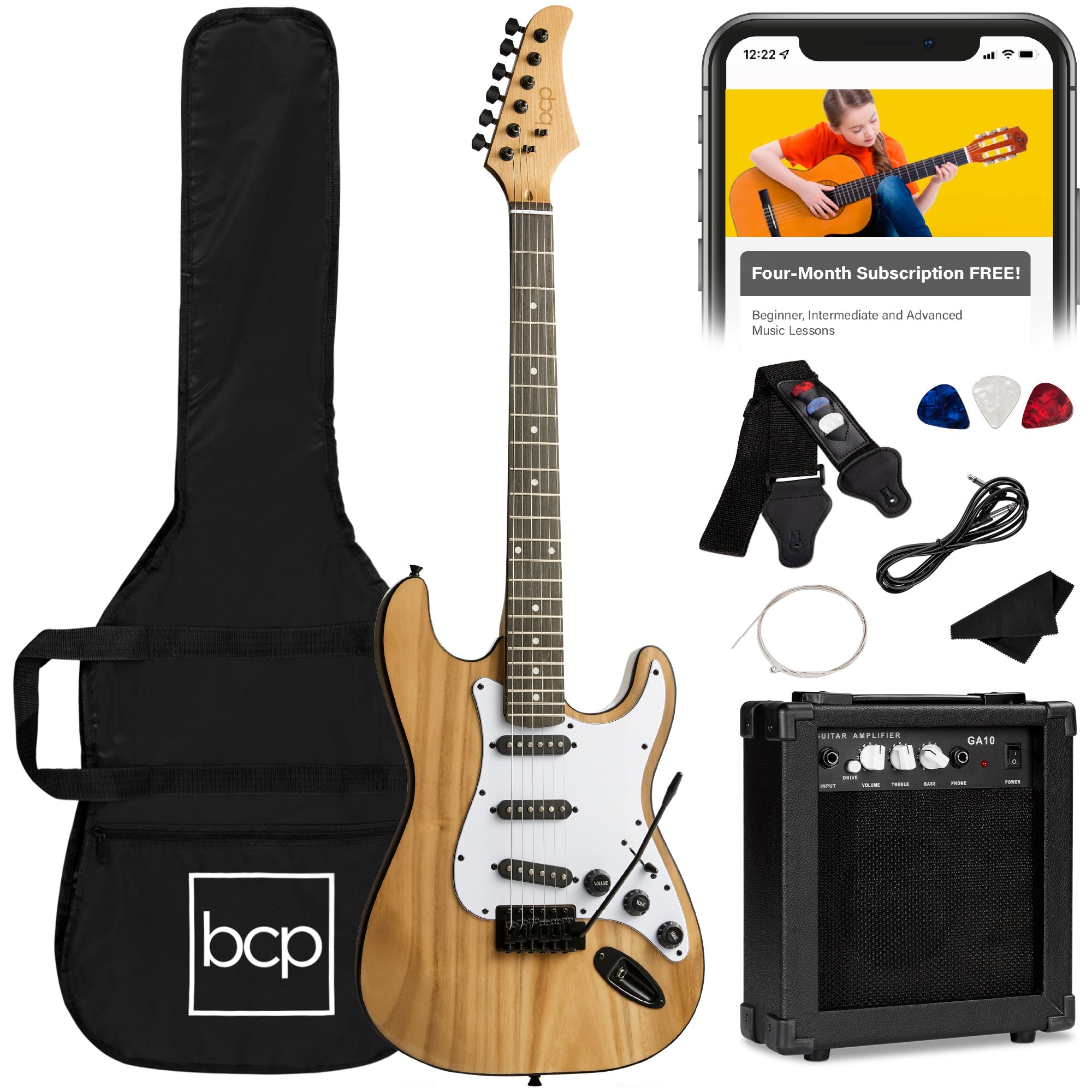 Beginner Electric Guitar Kit w/ Case, 10W Amp, Tremolo Bar - 39in - Natural