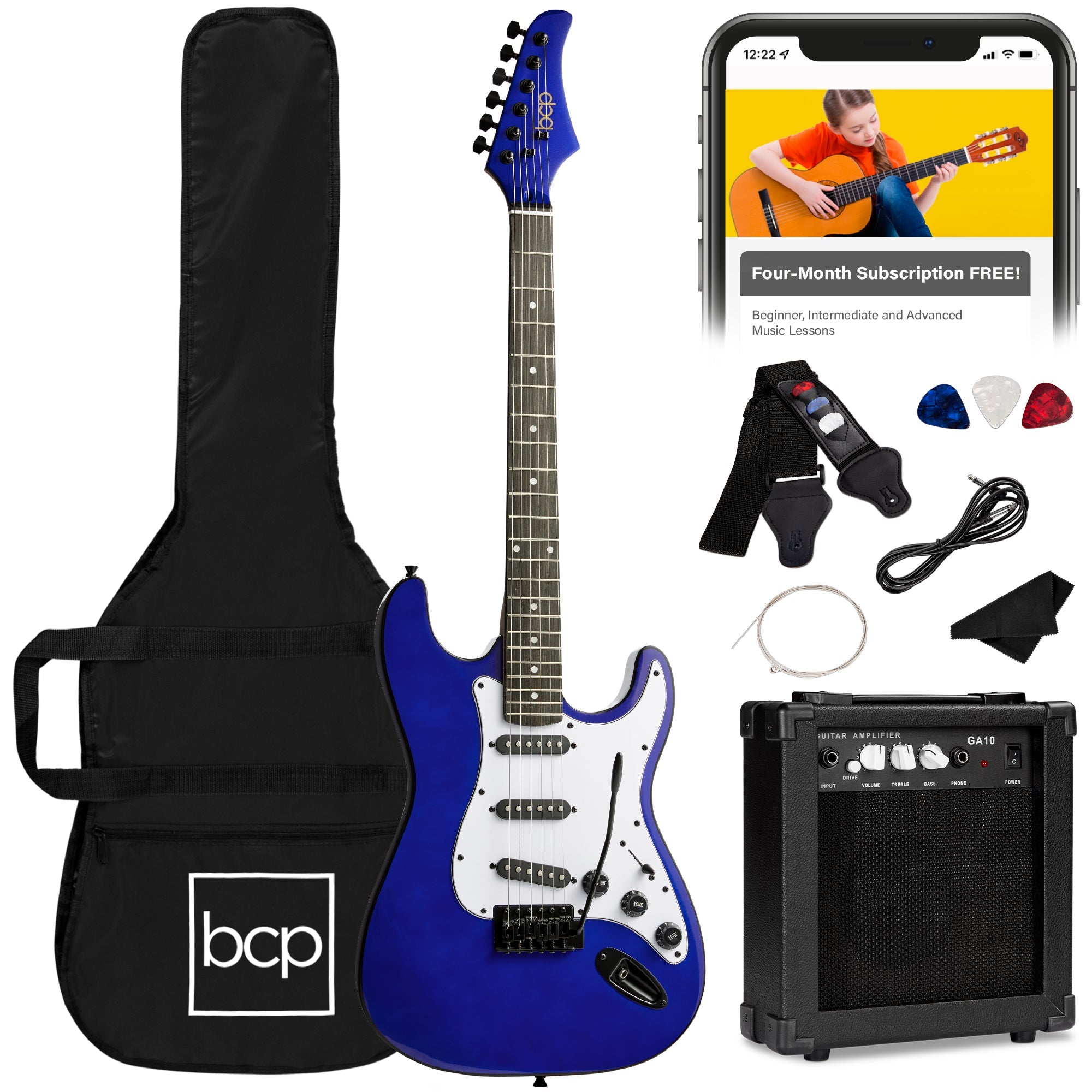 Beginner Electric Guitar Kit w/ Case, 10W Amp, Tremolo Bar - 39in - Metallic Blue