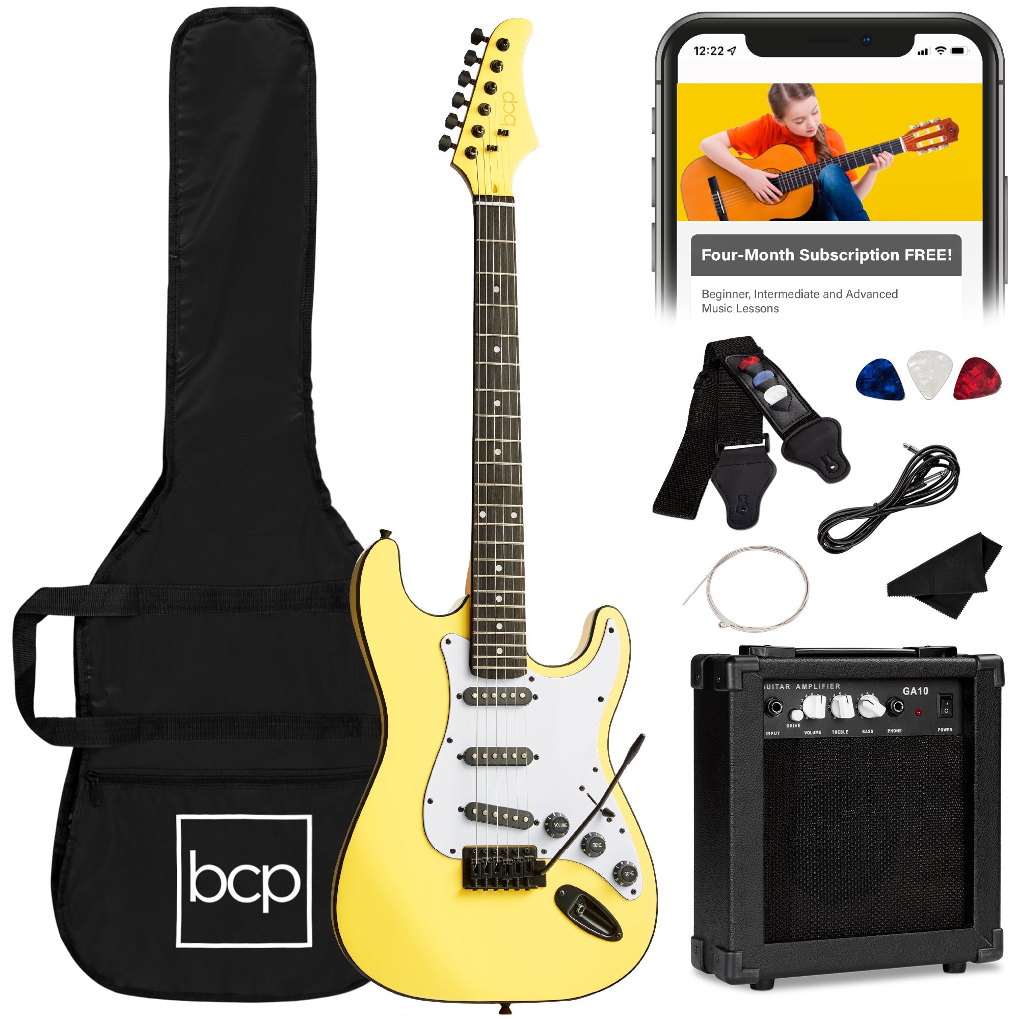 Beginner Electric Guitar Kit w/ Case, 10W Amp, Tremolo Bar - 39in - Yellow