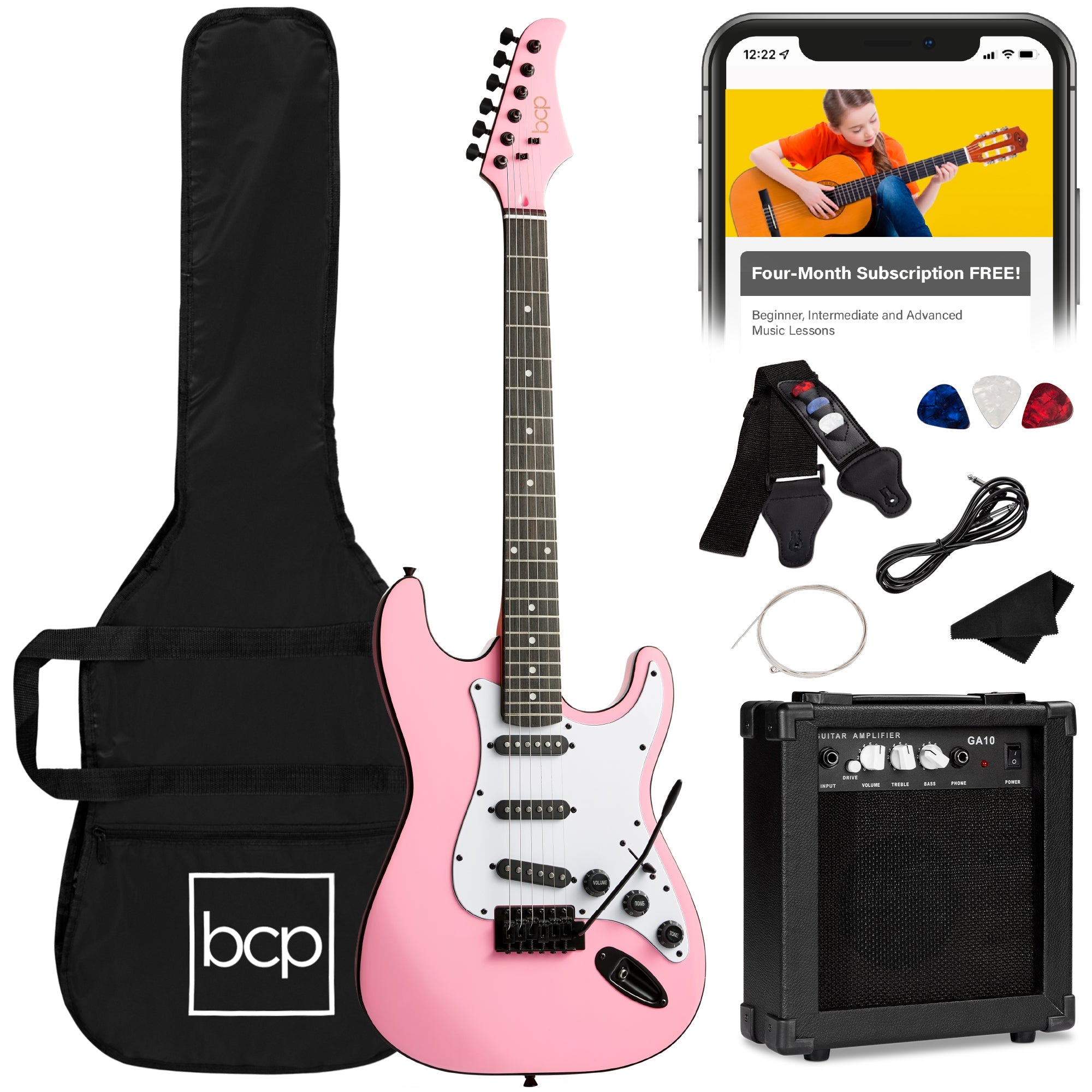 Beginner Electric Guitar Kit w/ Case, 10W Amp, Tremolo Bar - 39in - Pink