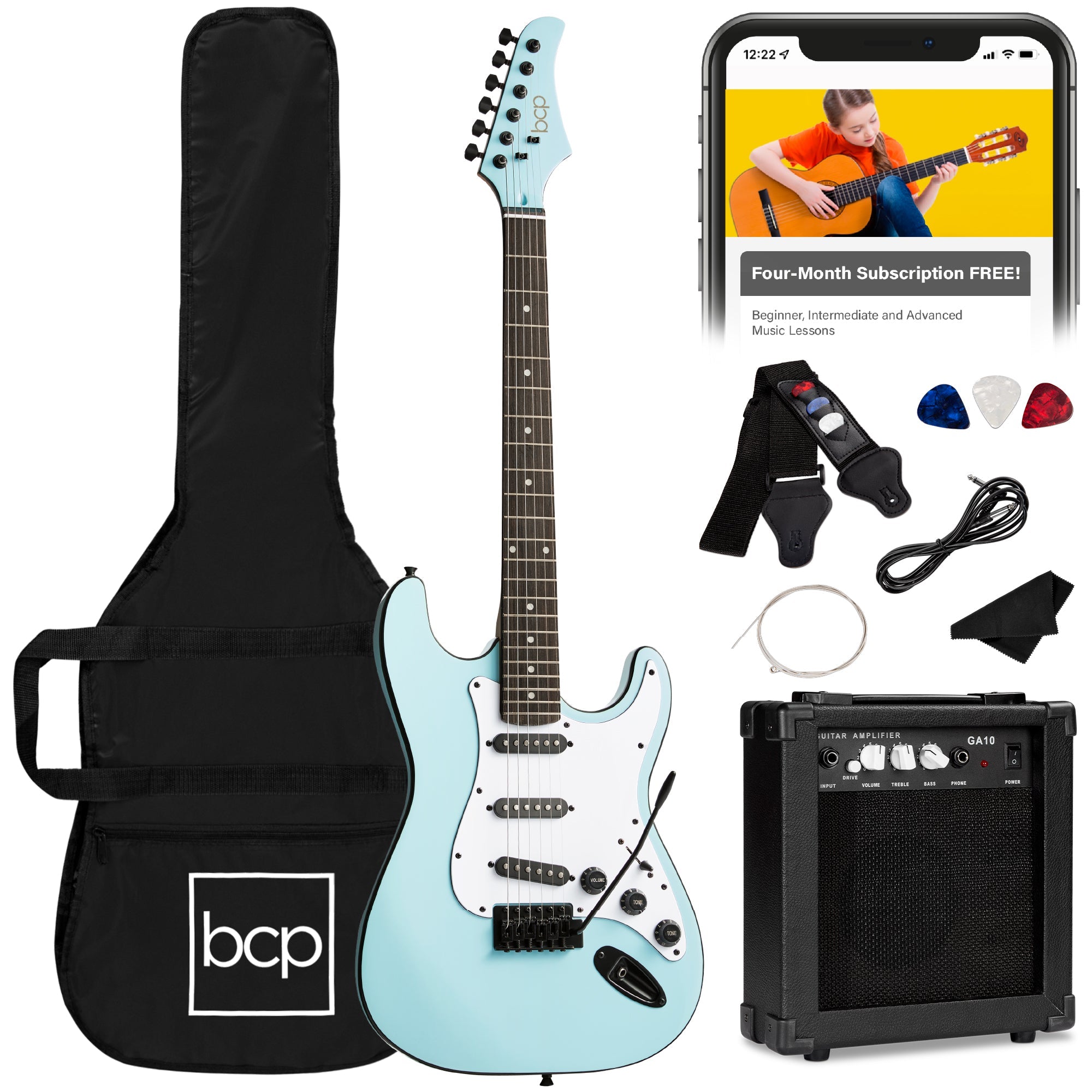 Beginner Electric Guitar Kit w/ Case, 10W Amp, Tremolo Bar - 39in - Powder Blue