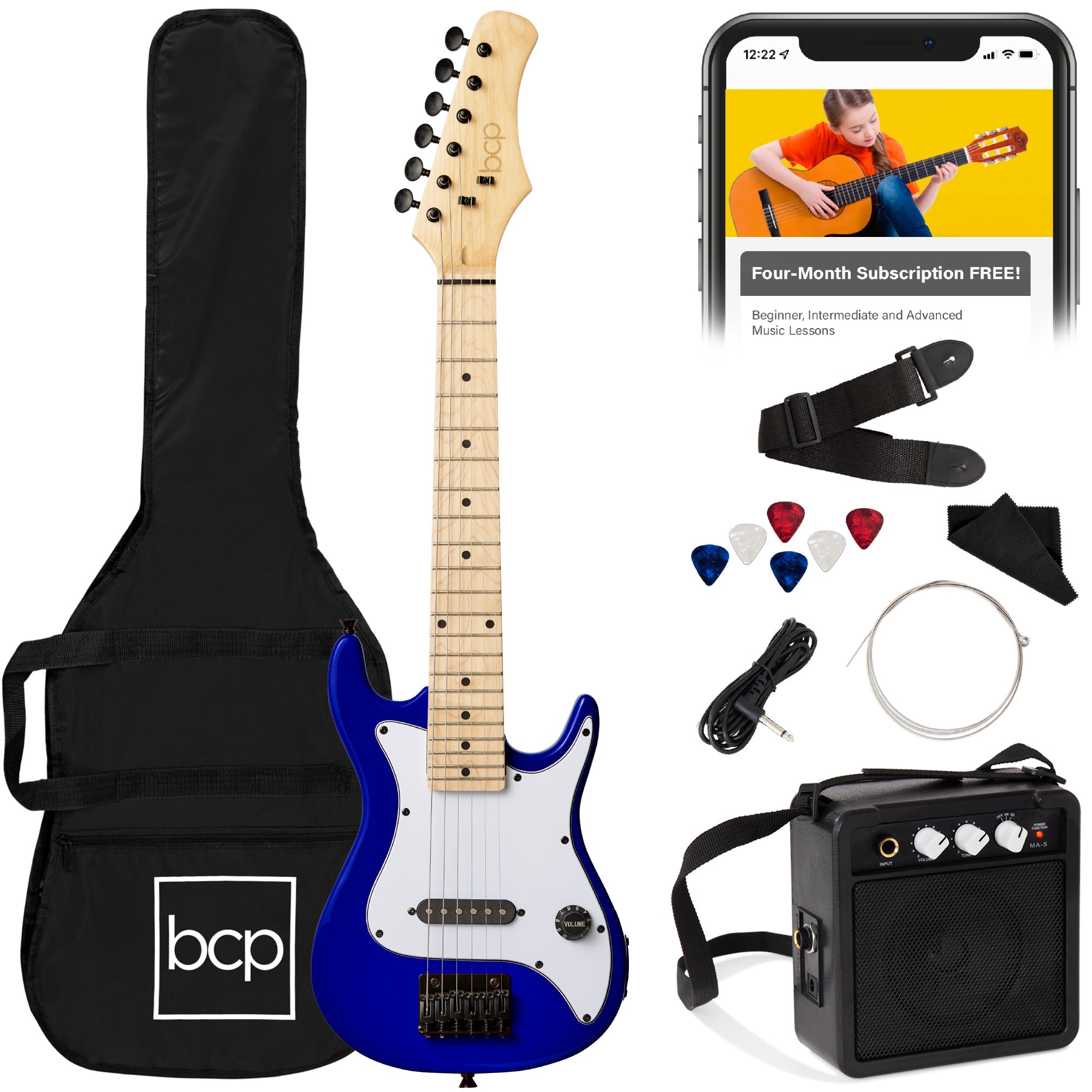 Kids Electric Guitar Beginner Starter Kit w/ 5W Amplifier - 30 in - Metallic Blue