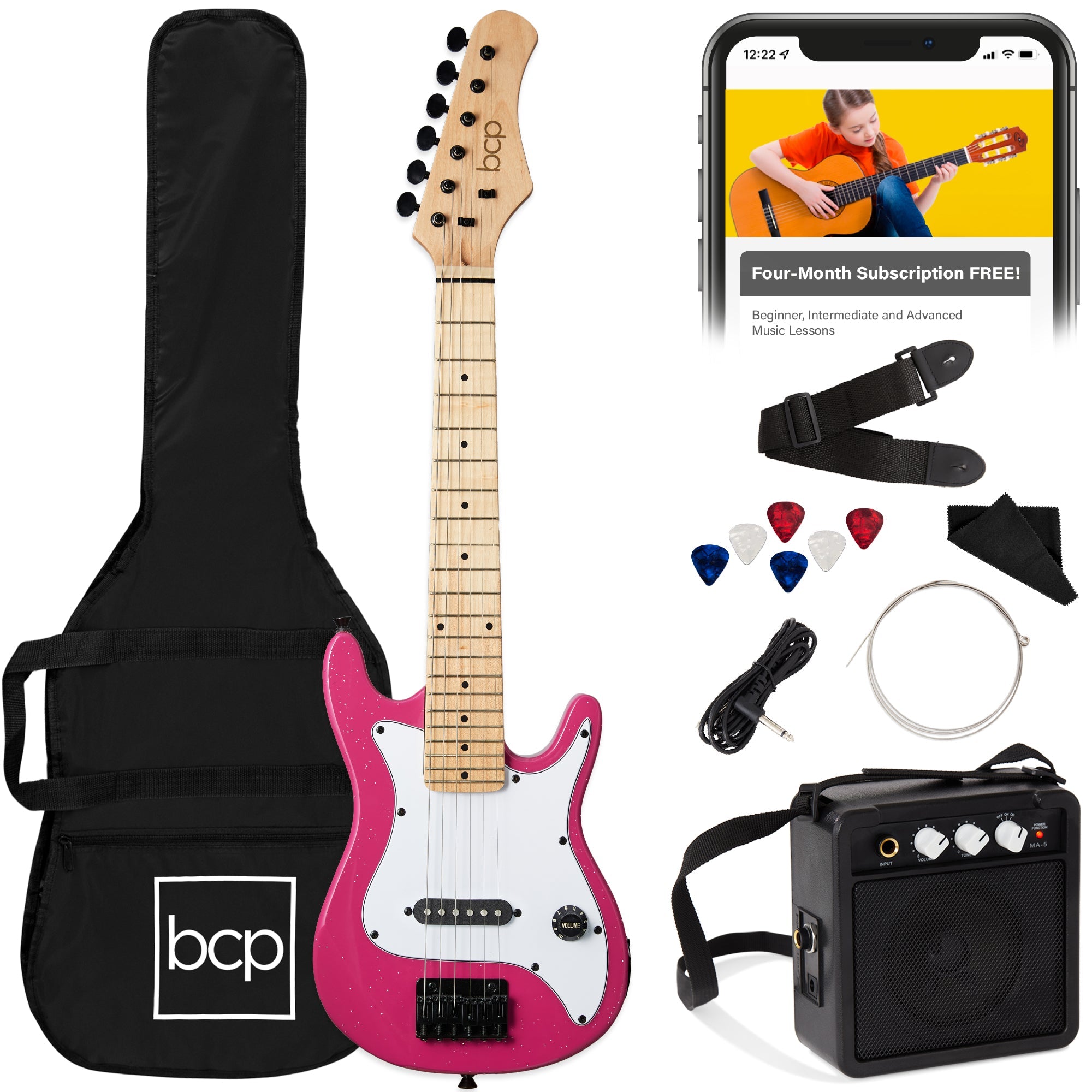 Kids Electric Guitar Beginner Starter Kit w/ 5W Amplifier - 30 in - Pink Sparkle