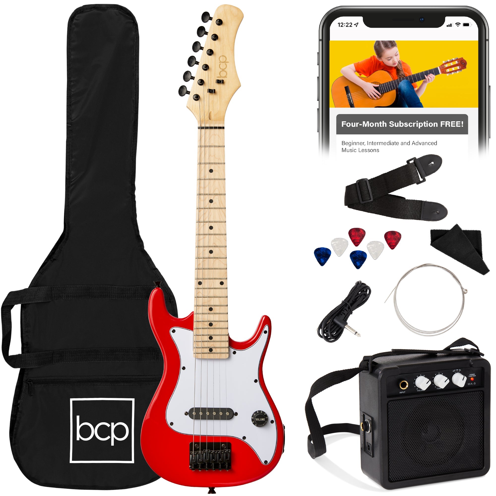 Kids Electric Guitar Beginner Starter Kit w/ 5W Amplifier - 30 in - Metallic Red