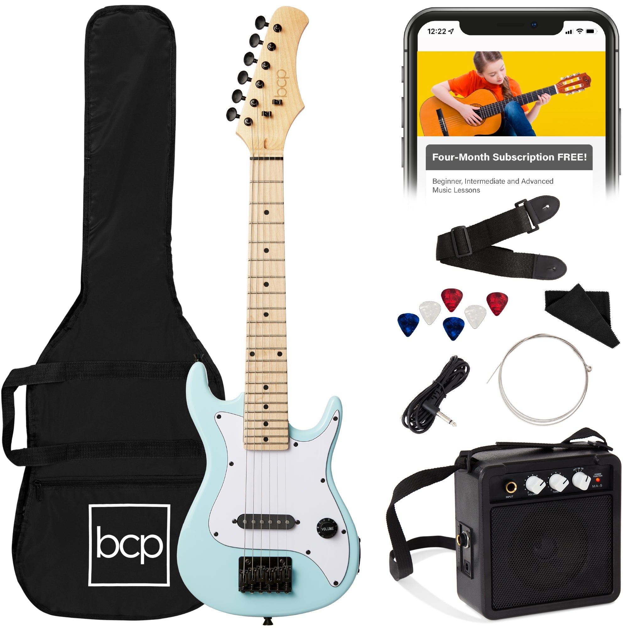 Kids Electric Guitar Beginner Starter Kit w/ 5W Amplifier - 30 in - Powder Blue