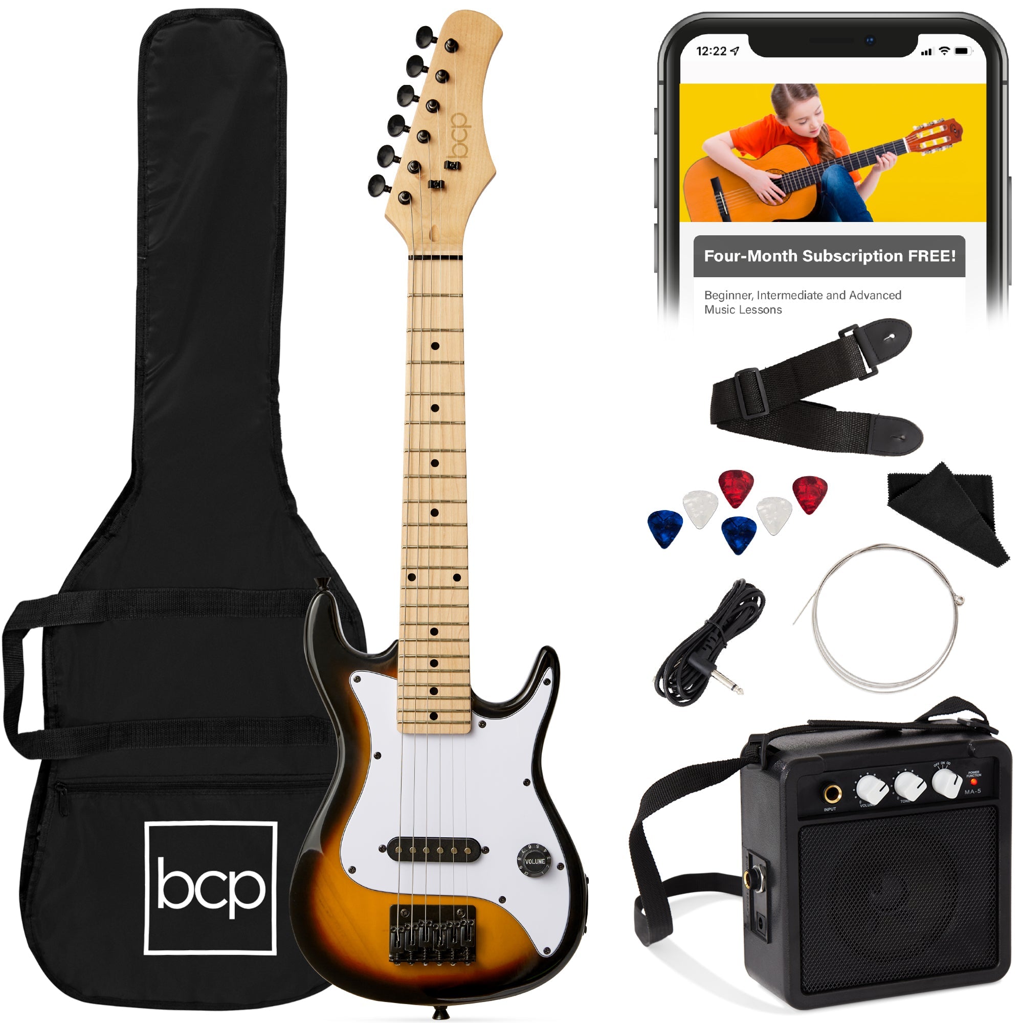 Kids Electric Guitar Beginner Starter Kit w/ 5W Amplifier - 30 in - Sunburst