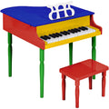 Kids Mini Wooden Grand Piano w/ Lid, Bench, Music Rack, Song Book, Stickers - Multi-Color