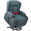 Electric Power Lift Recliner Massage Chair w/ Heat, USB Port, Cupholders - Blue