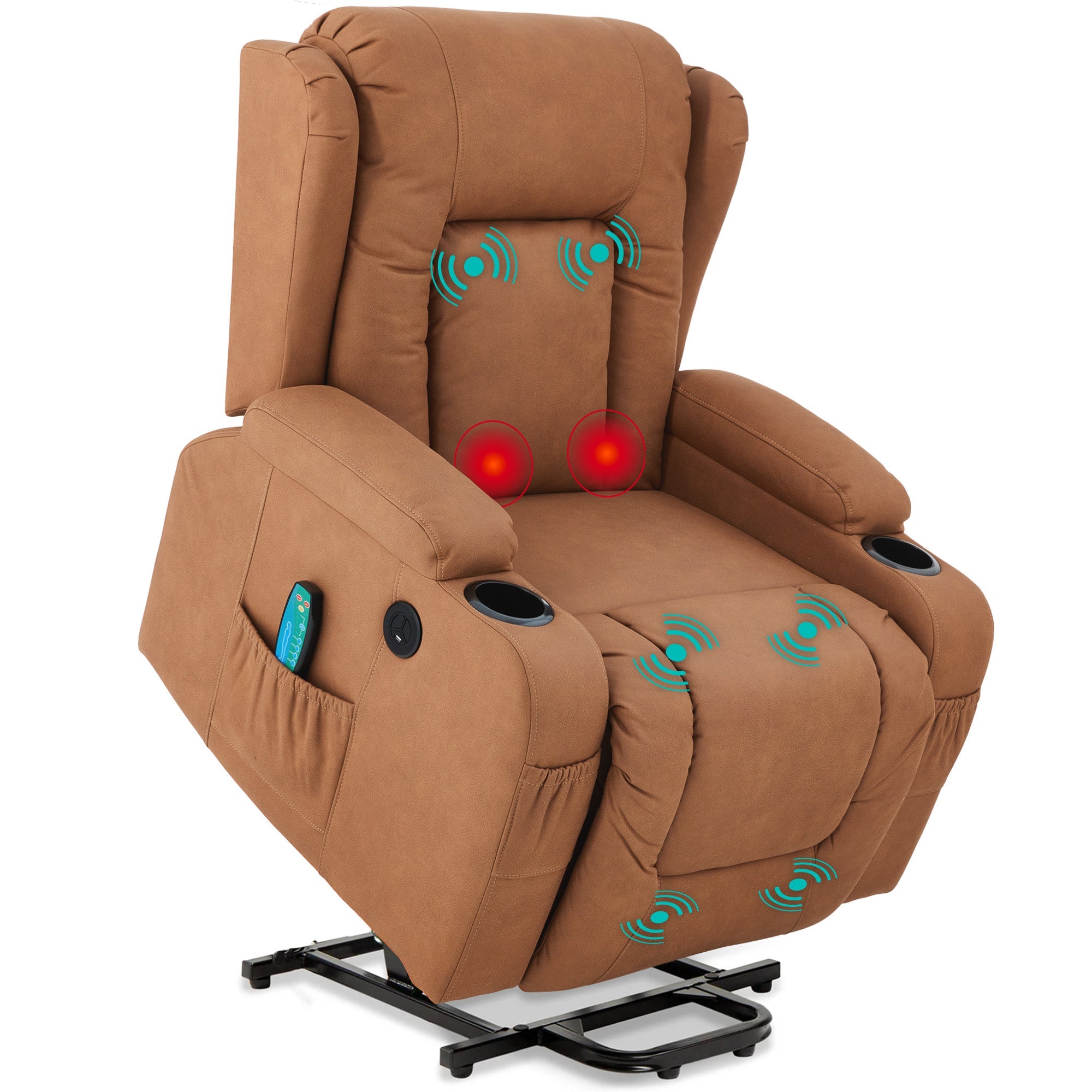 Electric Power Lift Recliner Massage Chair w/ Heat, USB Port, Cupholders - Cognac
