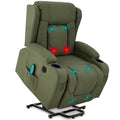 Electric Power Lift Recliner Massage Chair w/ Heat, USB Port, Cupholders - Olive