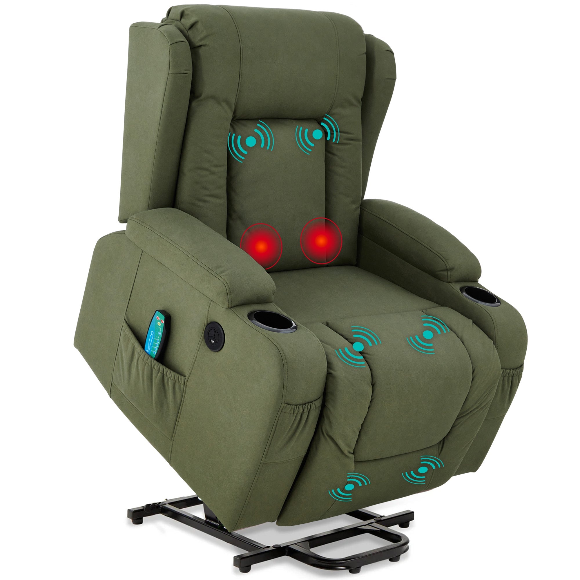 Electric Power Lift Recliner Massage Chair w/ Heat, USB Port, Cupholders - Olive