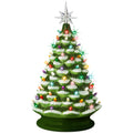 Large Pre-Lit Ceramic Christmas Tree Decoration w/ LED Light, Timer - 18in - Flocked/Green