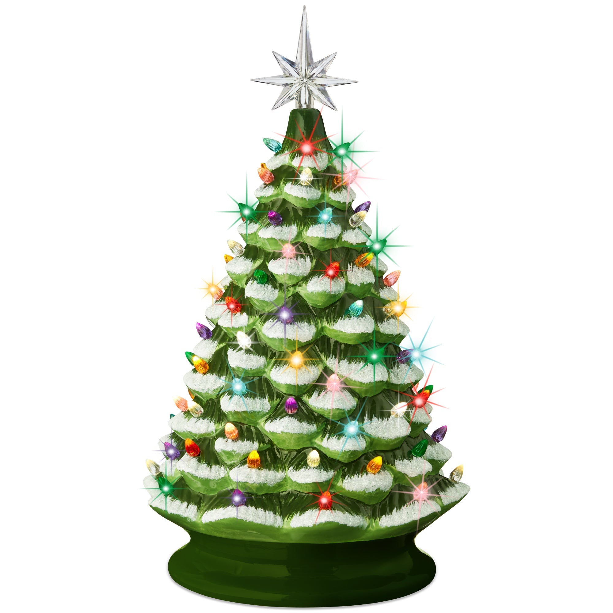 Large Pre-Lit Ceramic Christmas Tree Decoration w/ LED Light, Timer - 18in - Flocked/Green