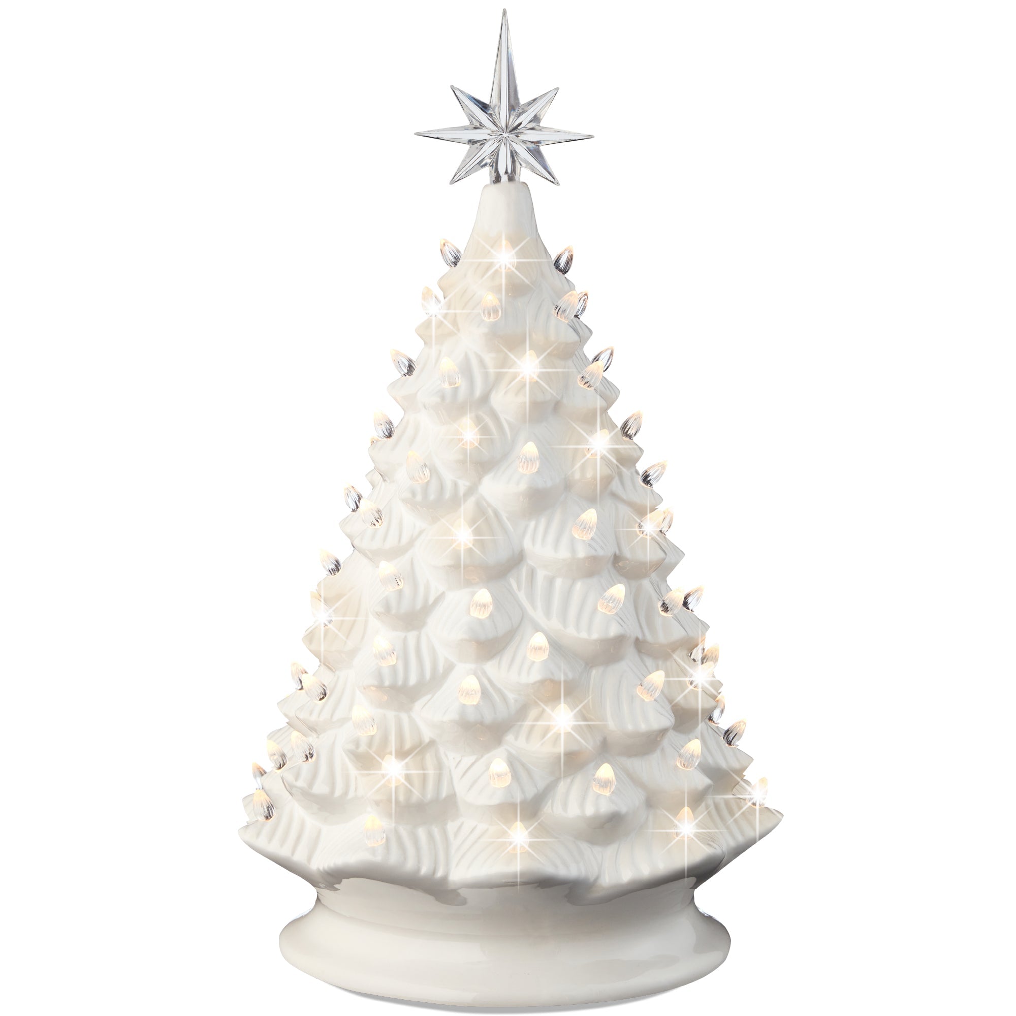 Large Pre-Lit Ceramic Christmas Tree Decoration w/ LED Light, Timer - 18in - White