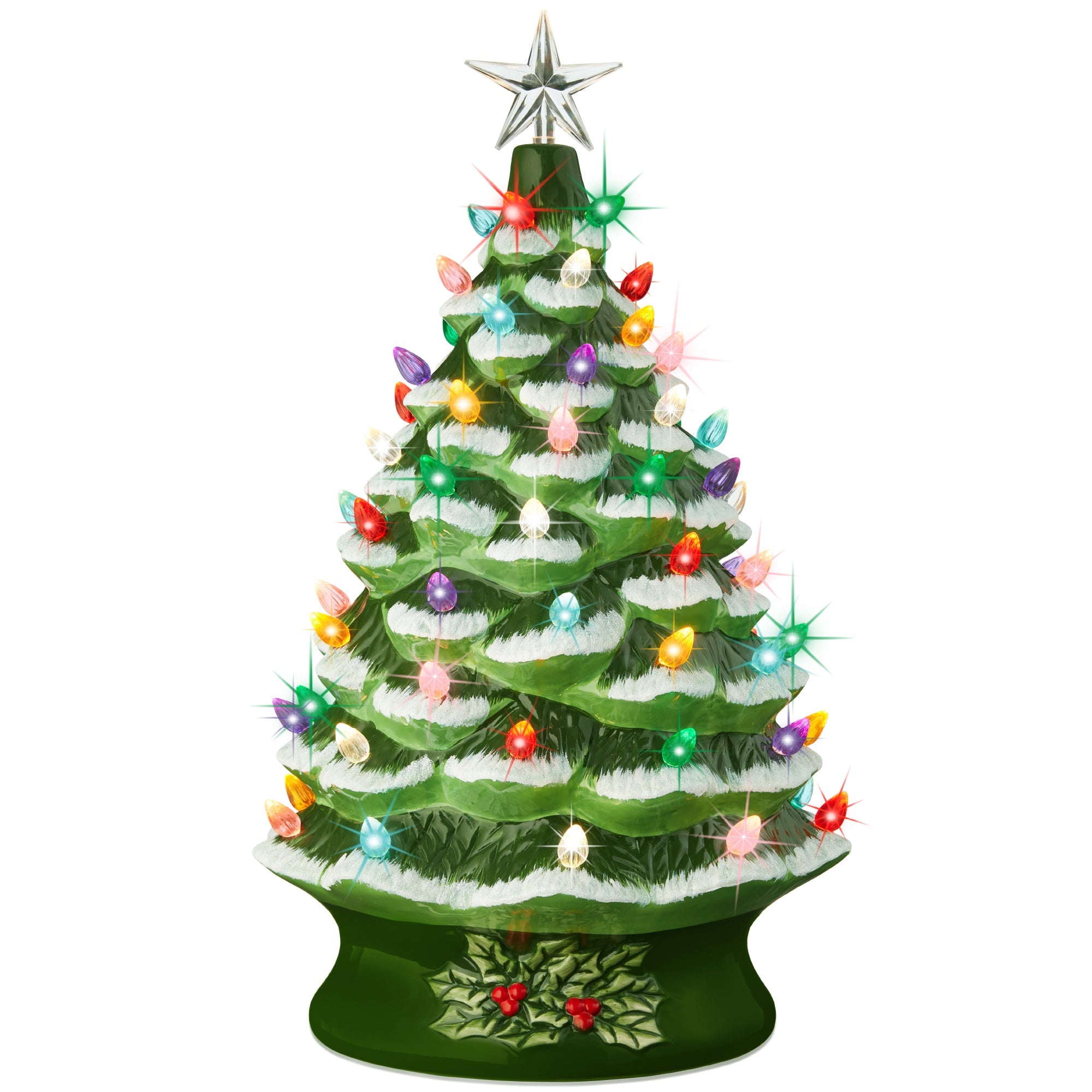 XL Pre-Lit Ceramic Christmas Tree Decoration w/ LED Light, Timer - 24in - Flocked/Green