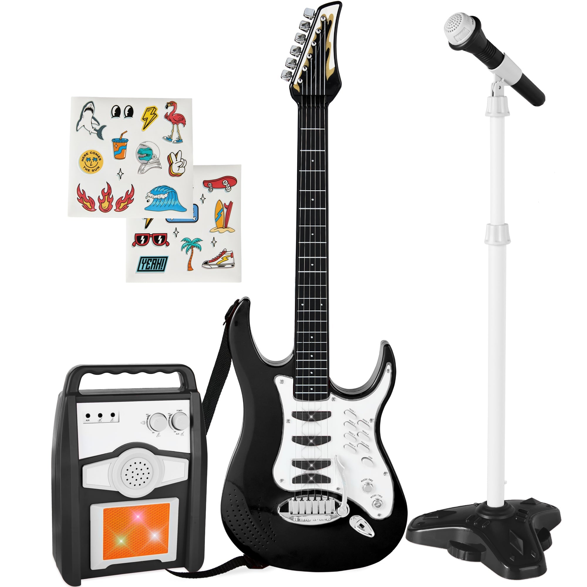 Kids Electric Guitar Toy Play Set w/ 6 Songs, Microphone, Amp - Black