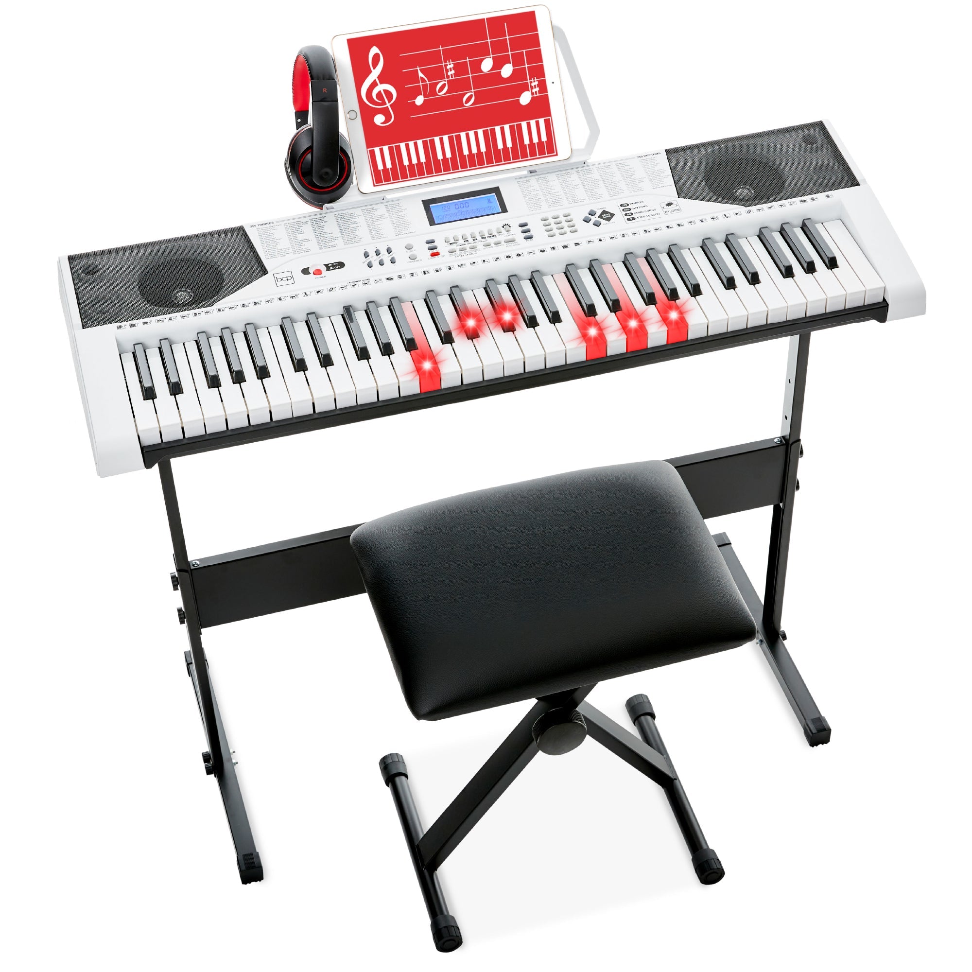 61-Key Beginners Electronic Keyboard Piano Set w/ Lighted Keys, Headphones - White