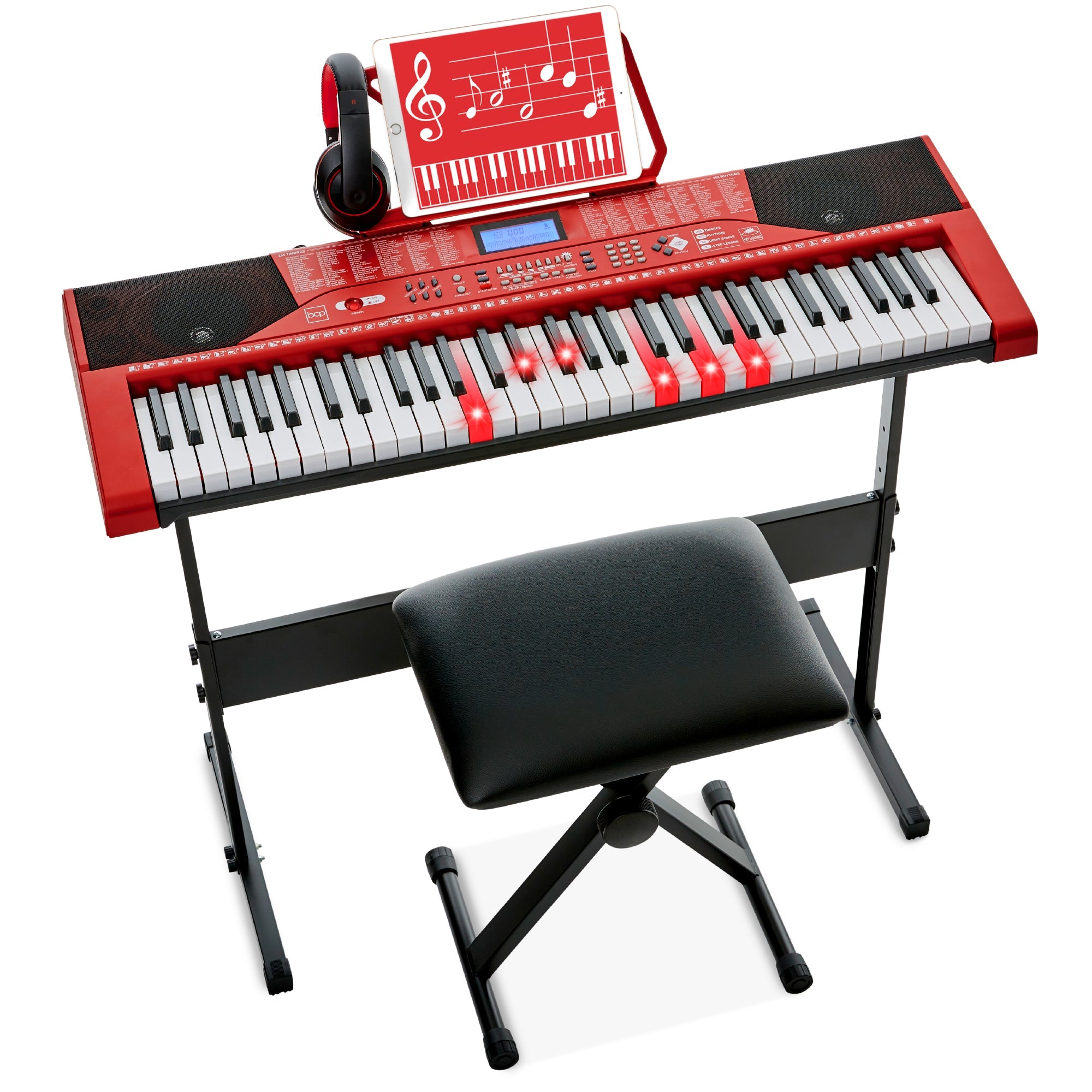 61-Key Beginners Electronic Keyboard Piano Set w/ Lighted Keys, Headphones - Red