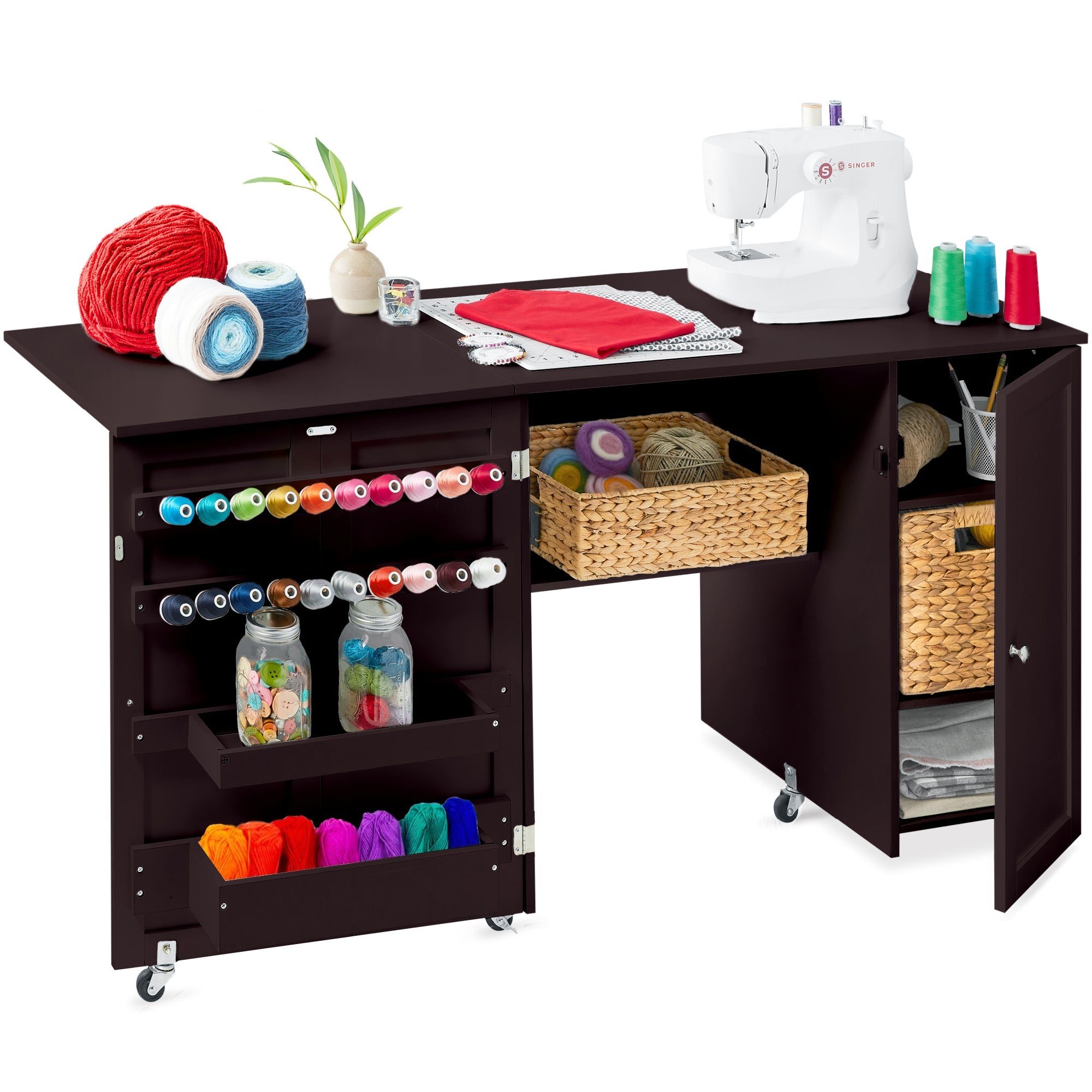 Large Portable Folding Sewing Table Multipurpose Craft Station w/ Wheels - Brown