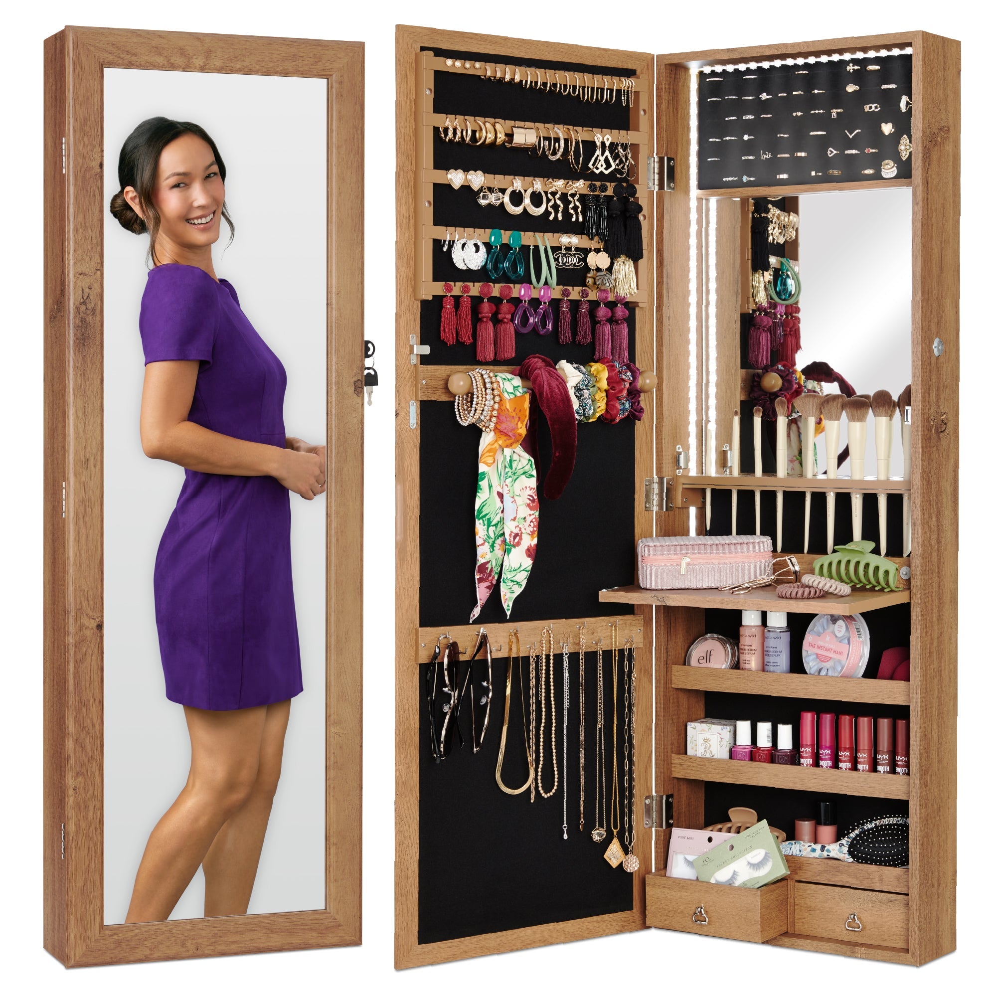 Door/Wall Mount Mirror Jewelry Cabinet Armoire w/ Inside Mirror, LED Lights - Rustic Brown