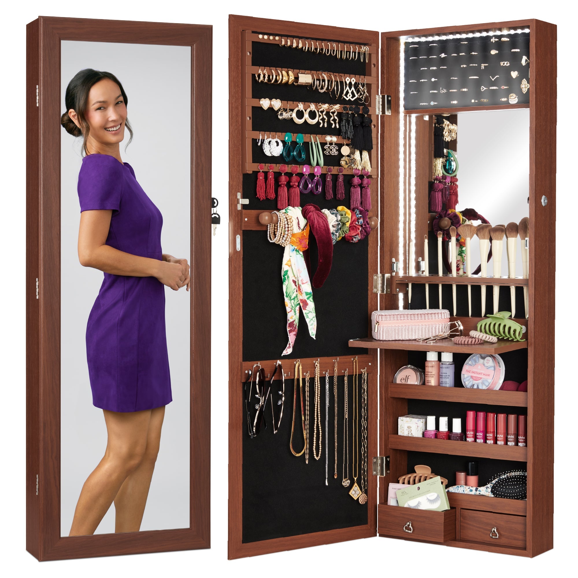 Door/Wall Mount Mirror Jewelry Cabinet Armoire w/ Inside Mirror, LED Lights - Walnut