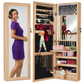 Door/Wall Mount Mirror Jewelry Cabinet Armoire w/ Inside Mirror, LED Lights - Natural Oak