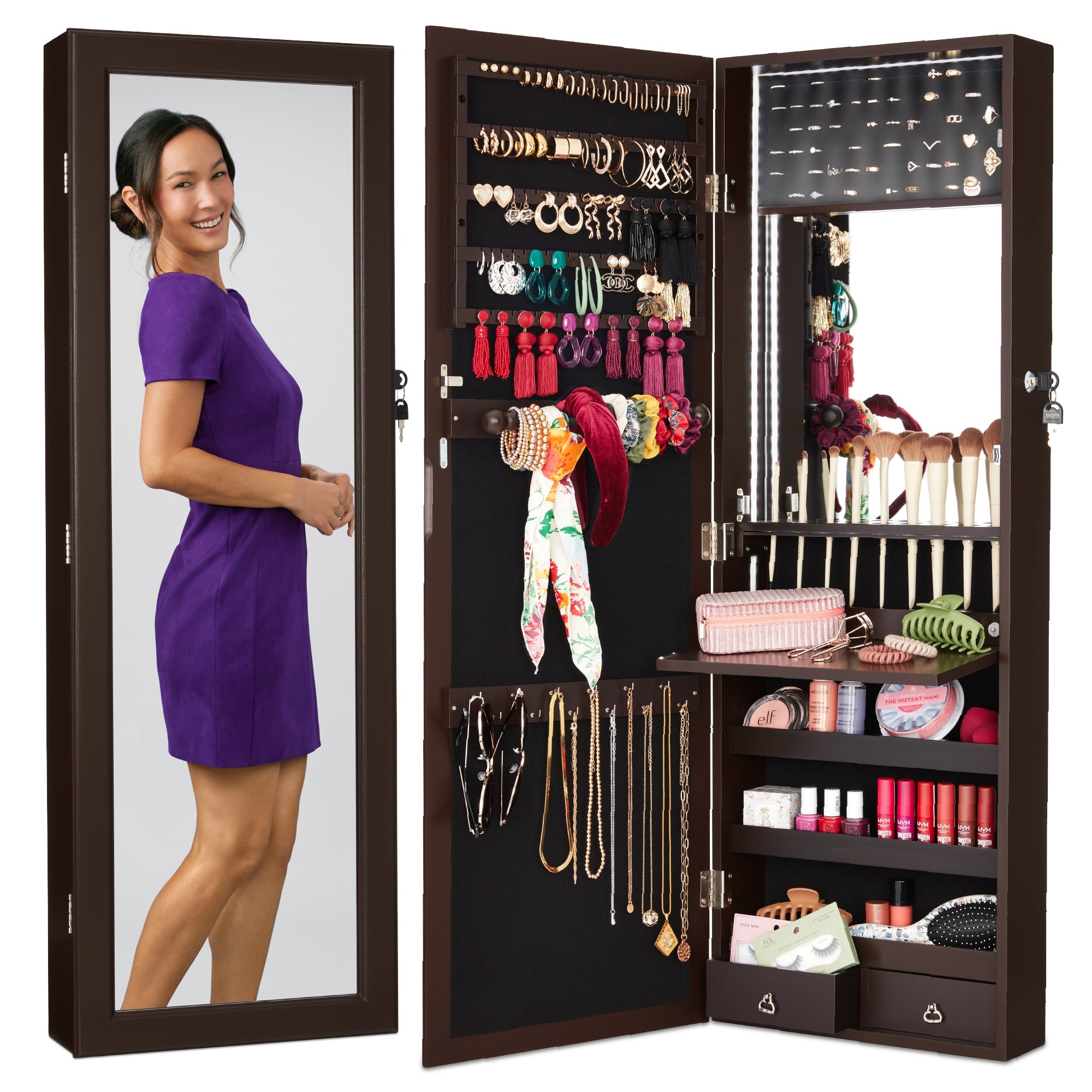 Door/Wall Mount Mirror Jewelry Cabinet Armoire w/ Inside Mirror, LED Lights - Espresso