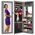 Door/Wall Mount Mirror Jewelry Cabinet Armoire w/ Inside Mirror, LED Lights - Gray Oak