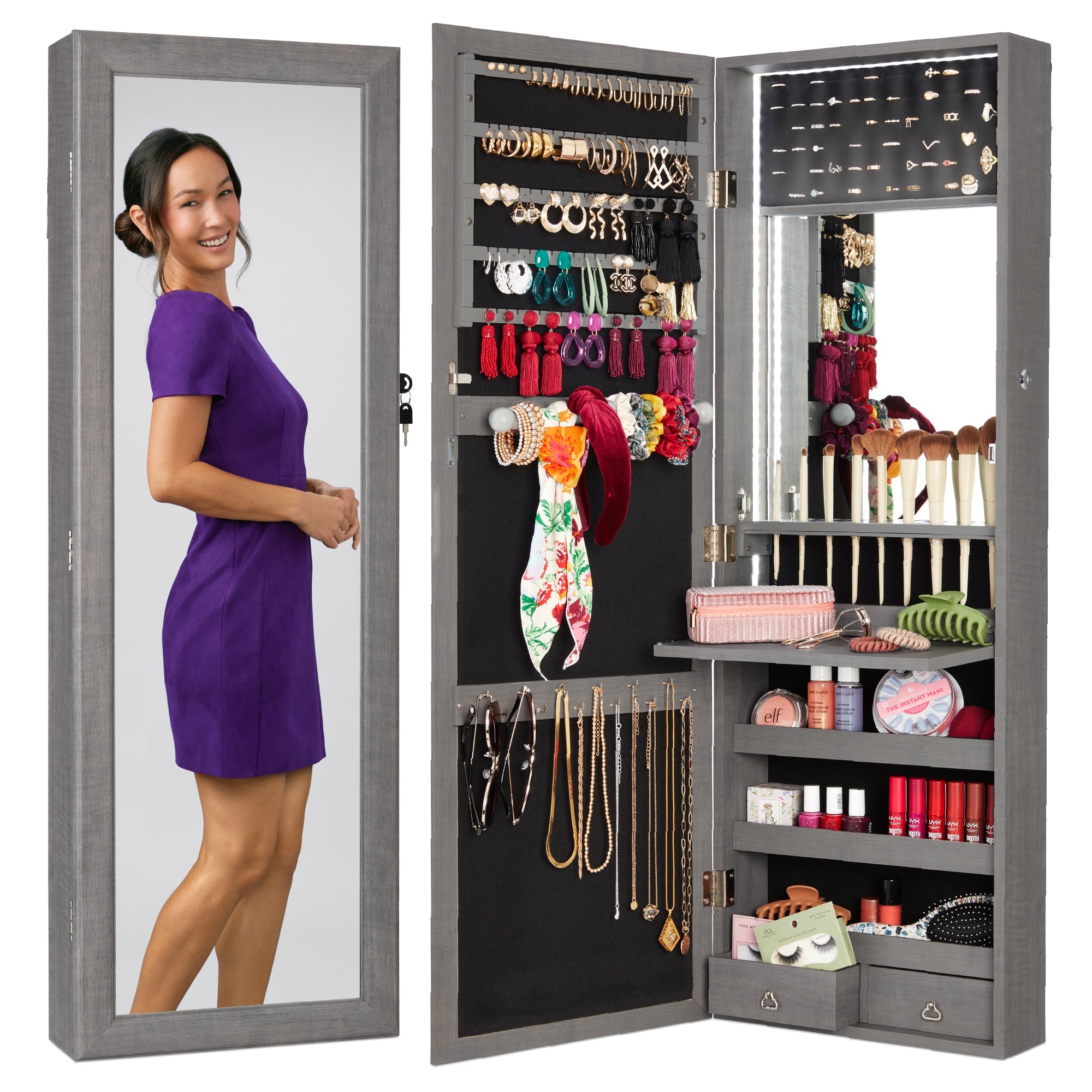 Door/Wall Mount Mirror Jewelry Cabinet Armoire w/ Inside Mirror, LED Lights - Gray Oak