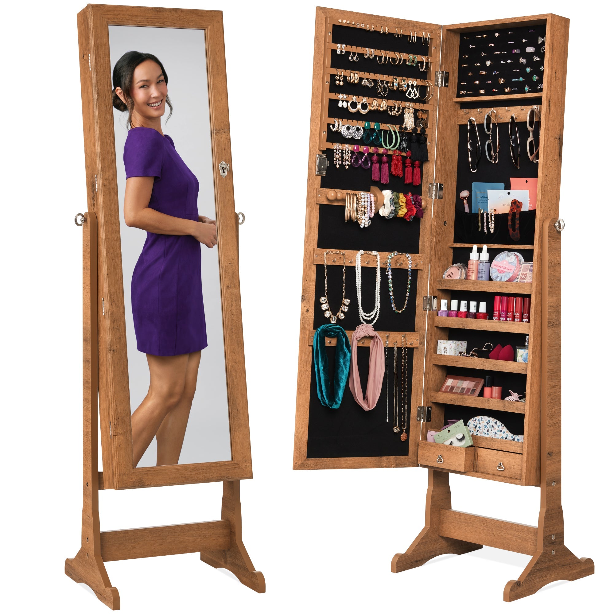 Full Length Freestanding Jewelry Mirror Armoire w/ Velvet Interior - Rustic Brown