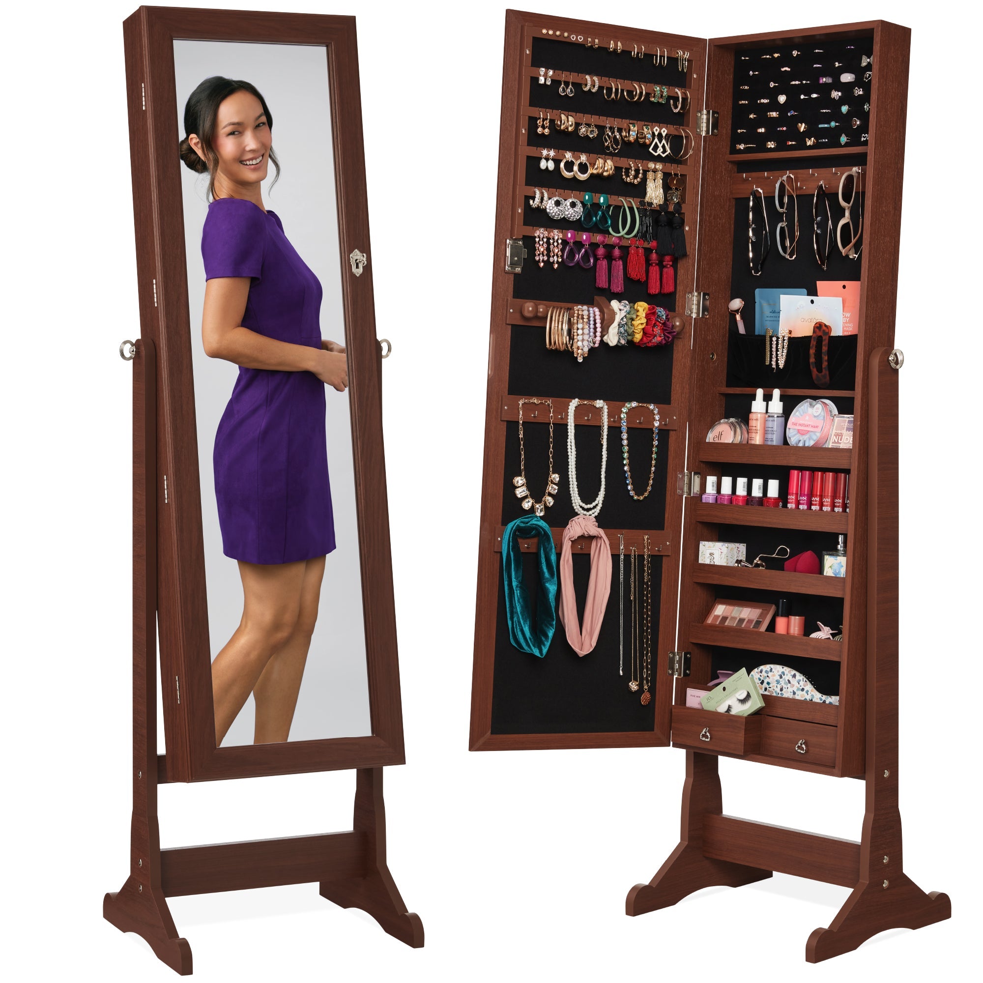 Full Length Freestanding Jewelry Mirror Armoire w/ Velvet Interior - Walnut