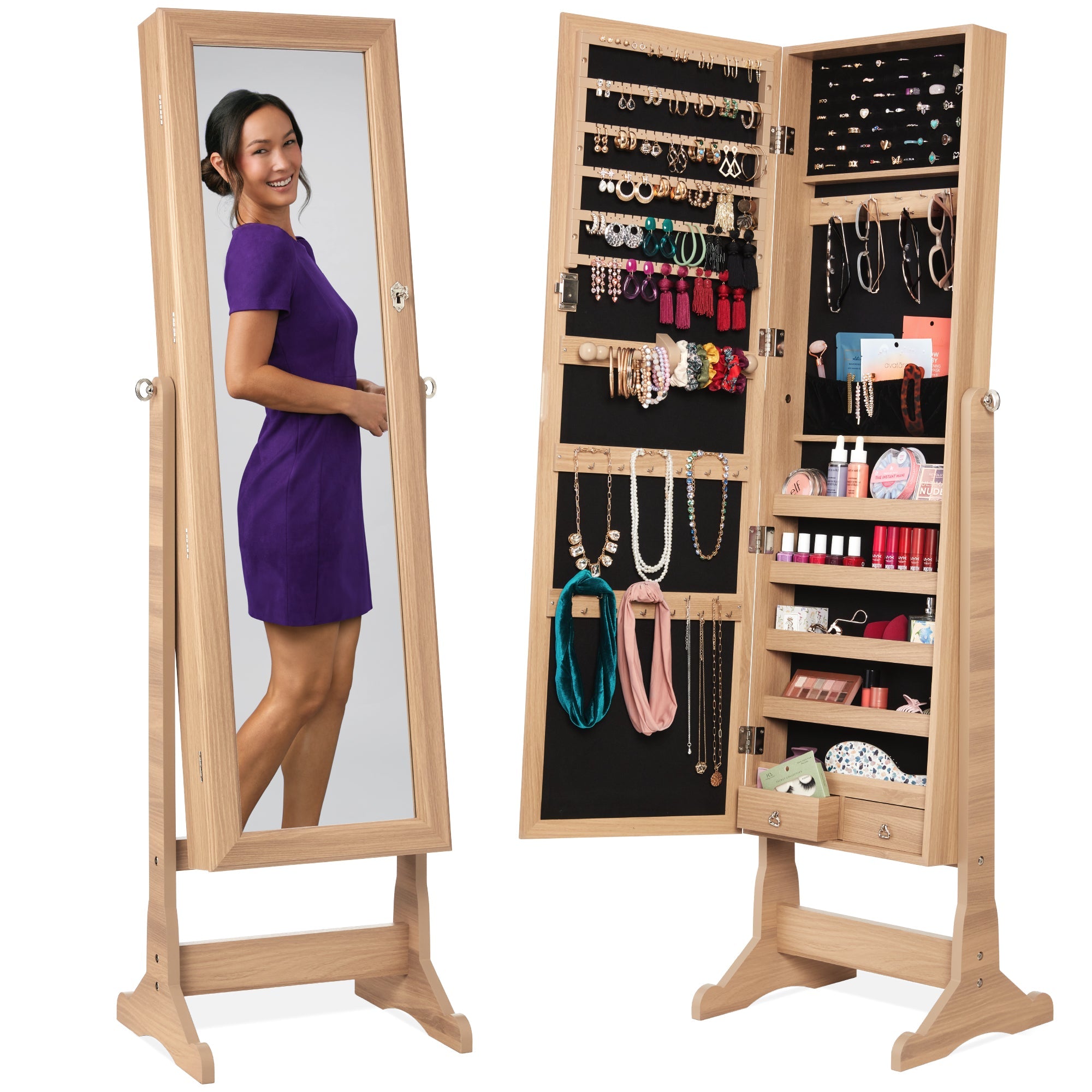 Full Length Freestanding Jewelry Mirror Armoire w/ Velvet Interior - Natural Oak
