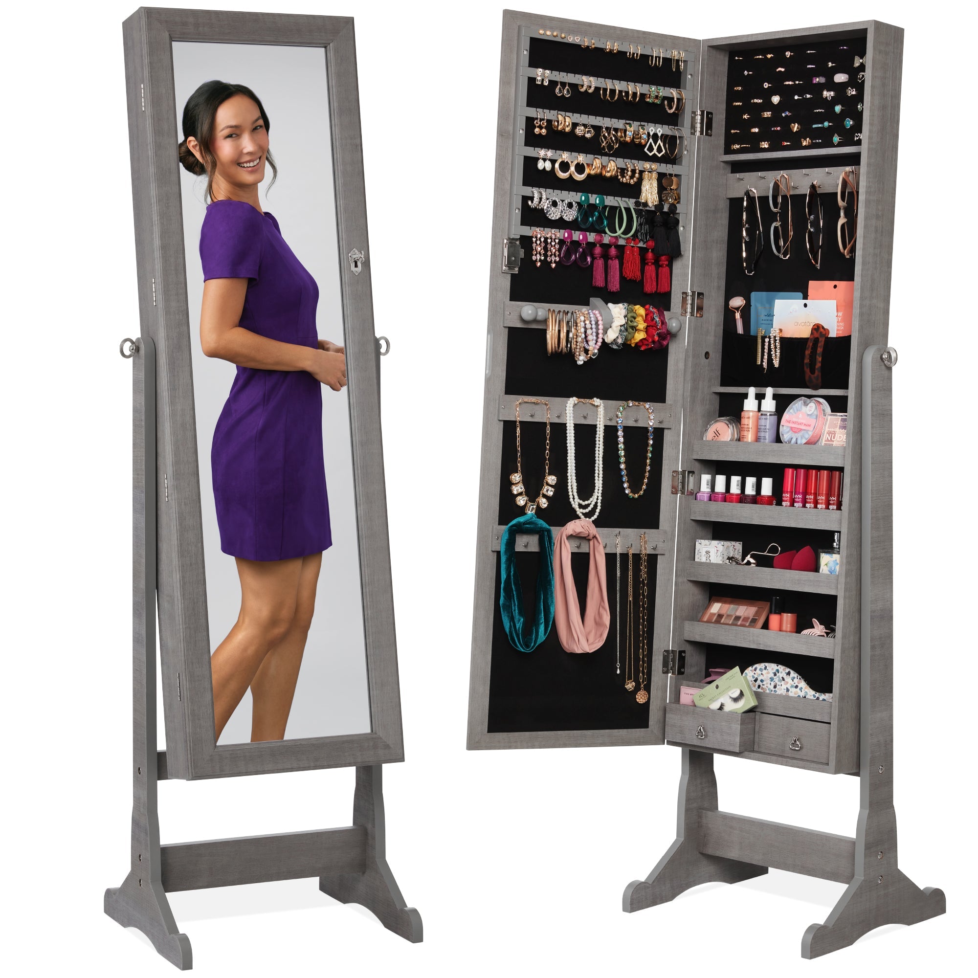 Full Length Freestanding Jewelry Mirror Armoire w/ Velvet Interior - Gray Oak