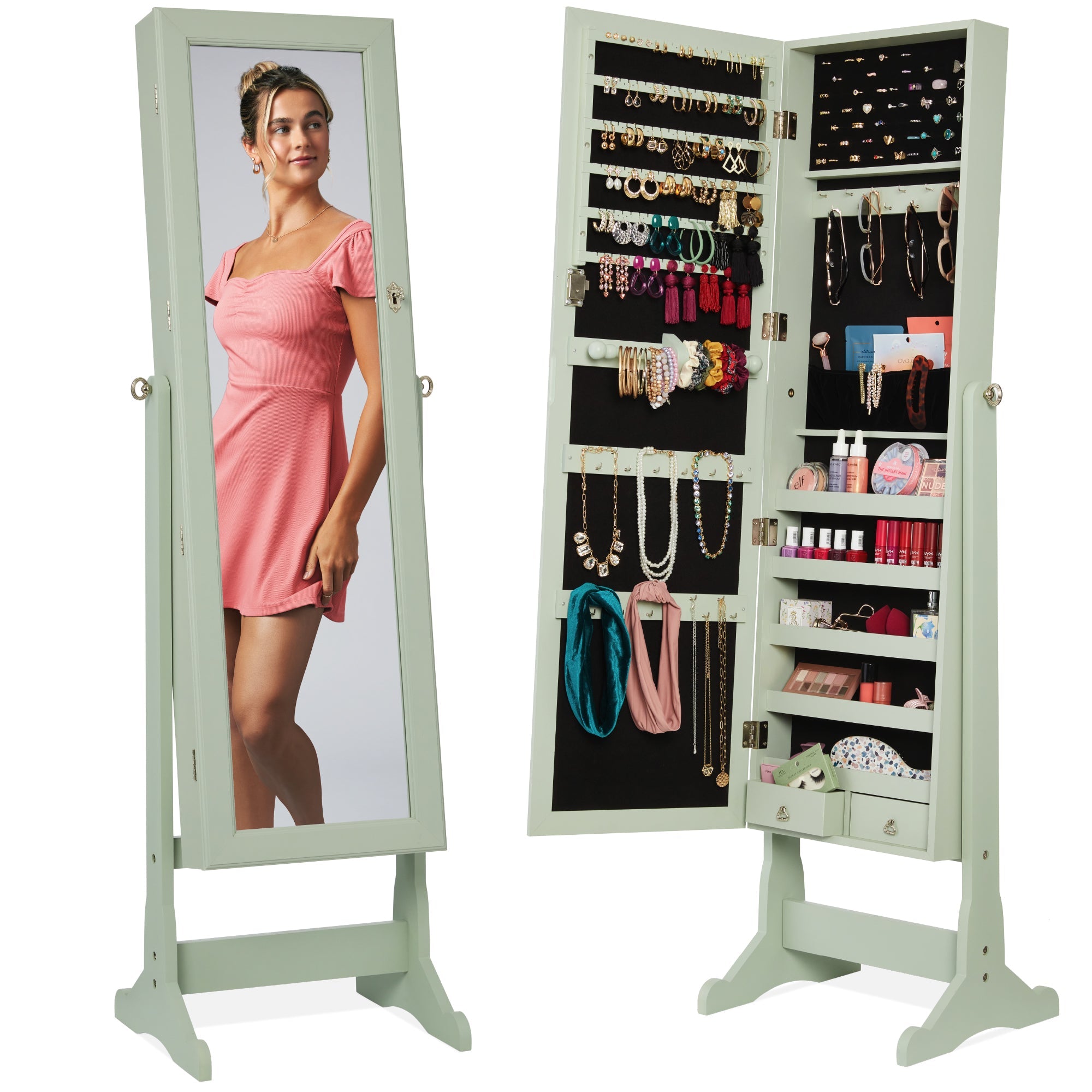 Full Length Freestanding Jewelry Mirror Armoire w/ Velvet Interior - Sage
