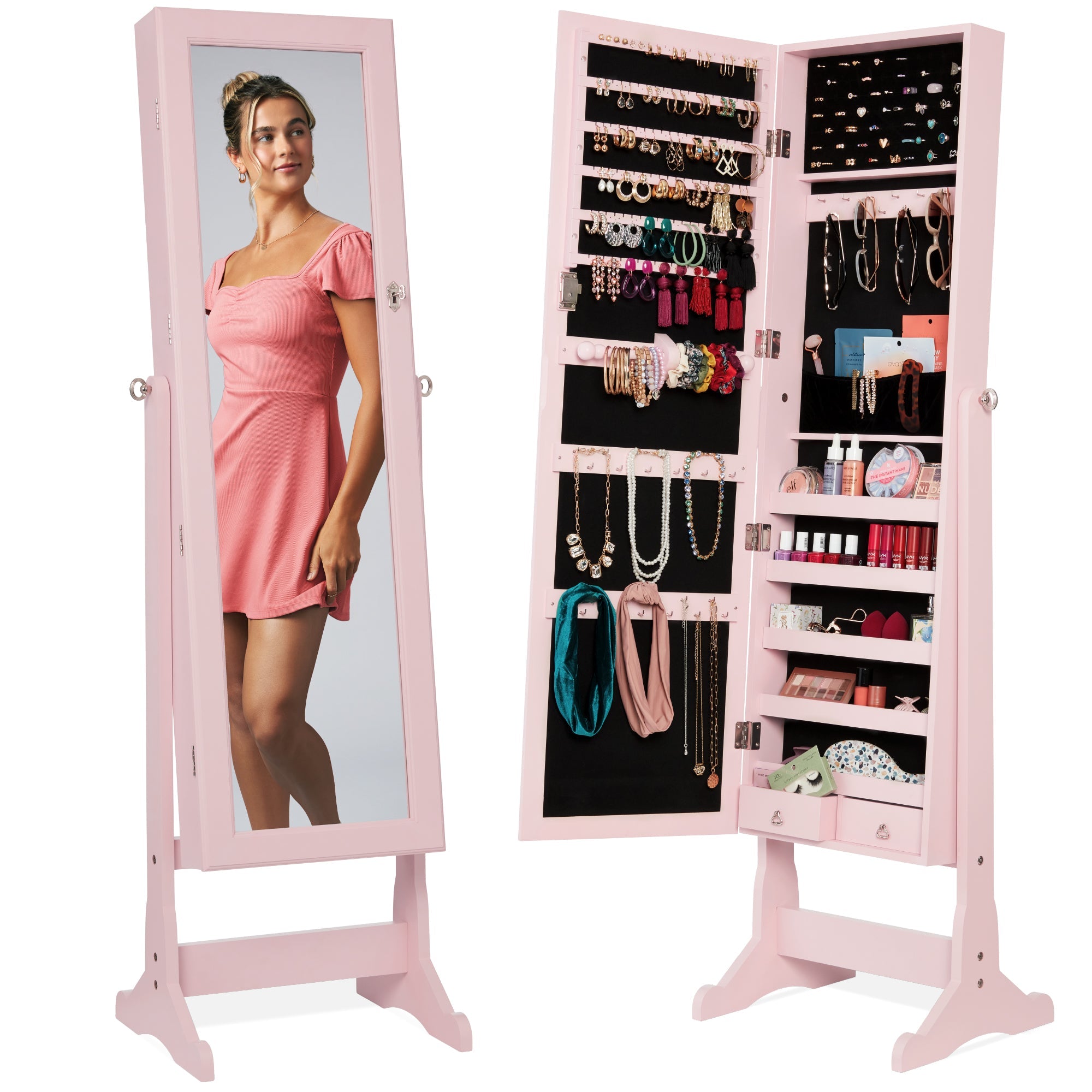 Full Length Freestanding Jewelry Mirror Armoire w/ Velvet Interior - Dusty Pink